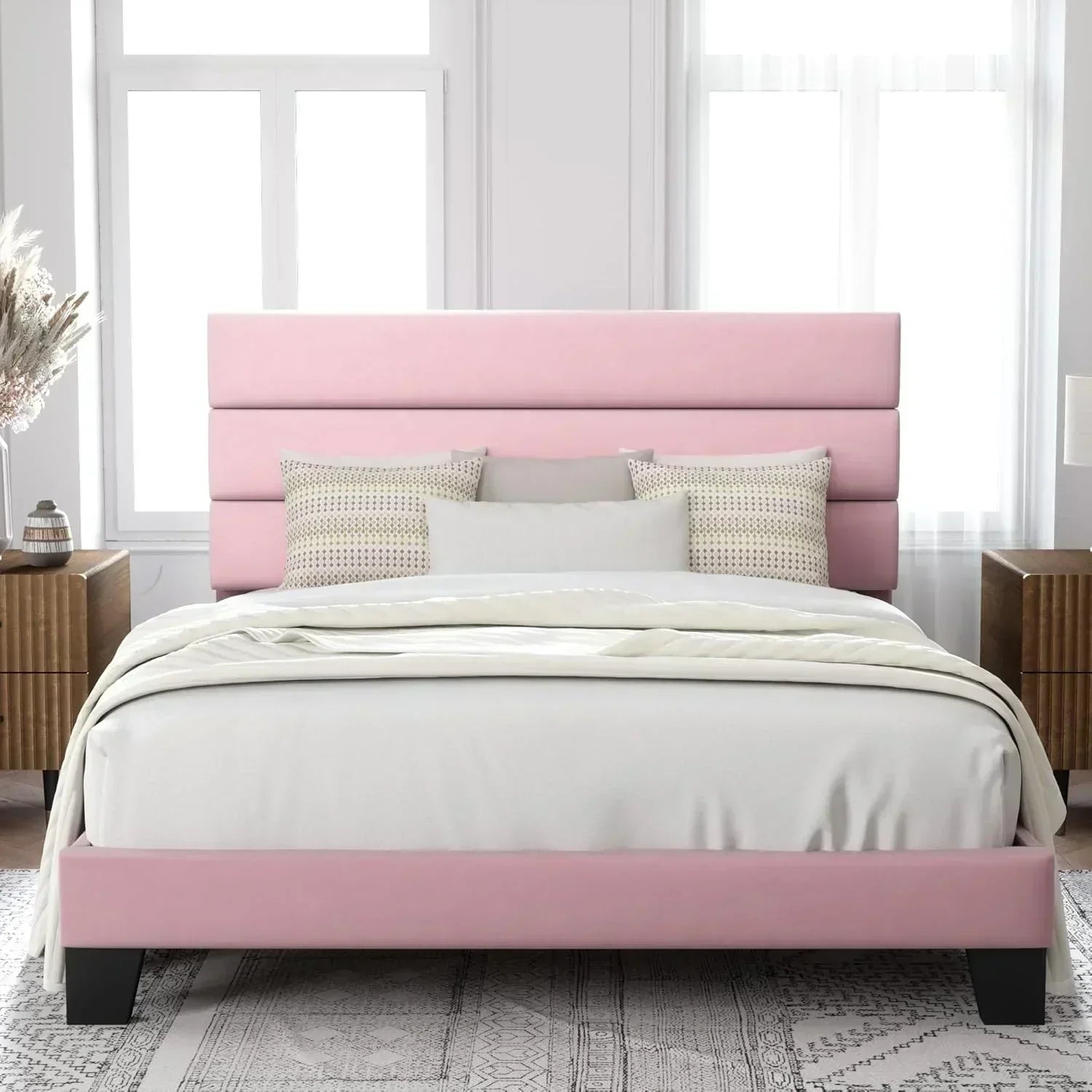 Allewie King size platform bed frame with velvet upholstered headboard and planks wourant