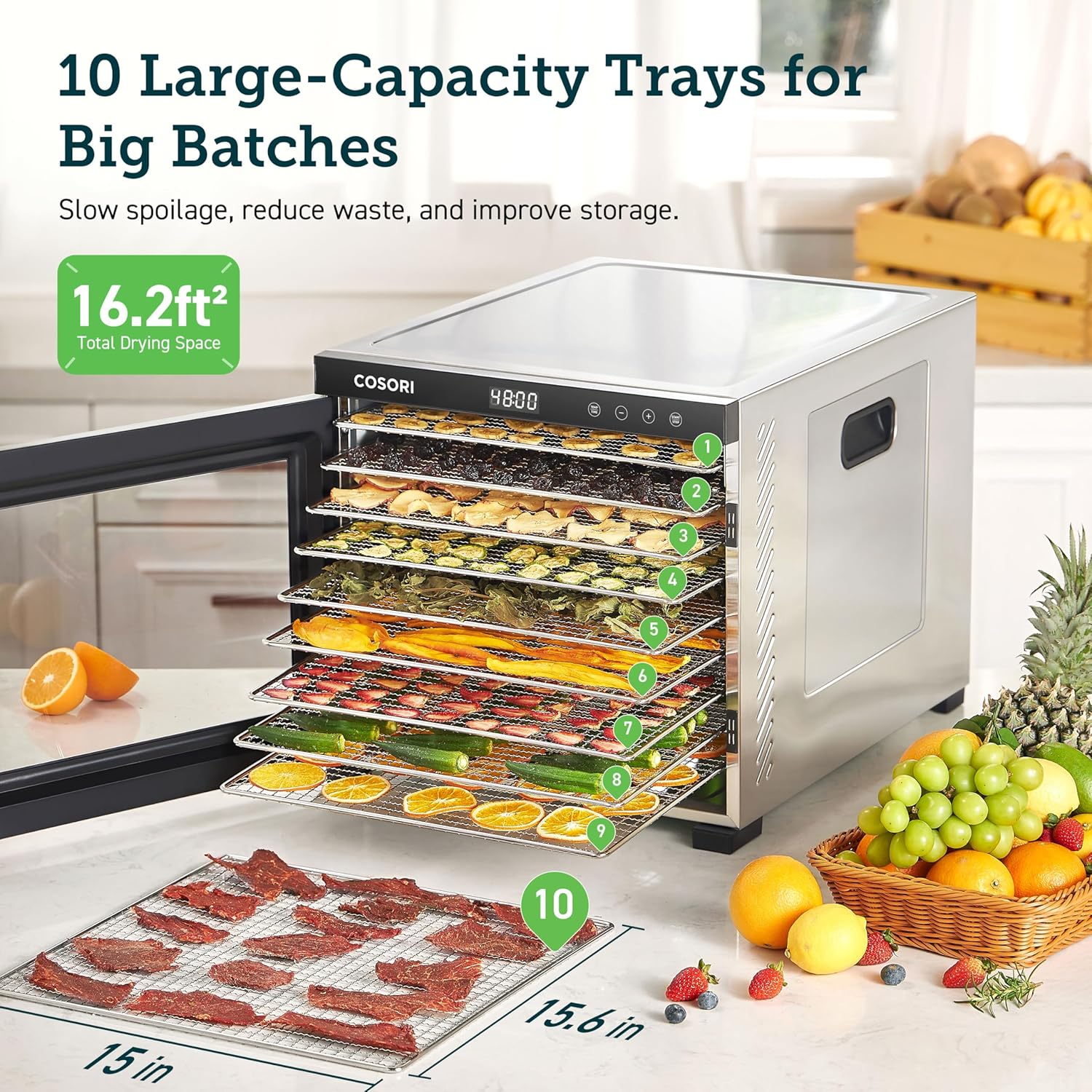 COSORI Food Dehydrator Bigger Than 7 Trays With Large 6.5" Drying Space 600W Power wourant