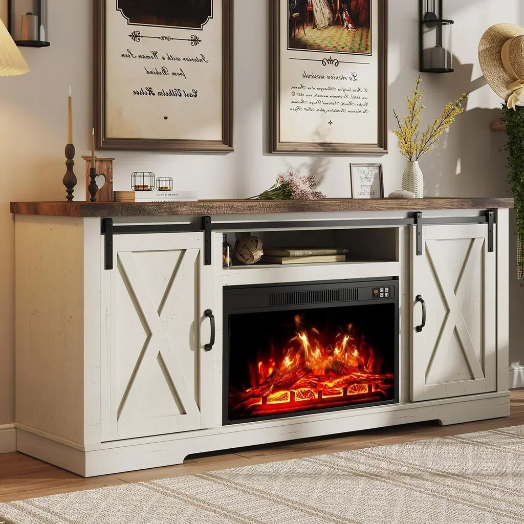 AMERLIFE Fireplace TV Stand with Sliding Barn Door  Farmhouse 63" Fireplace Entertainment Center wourant