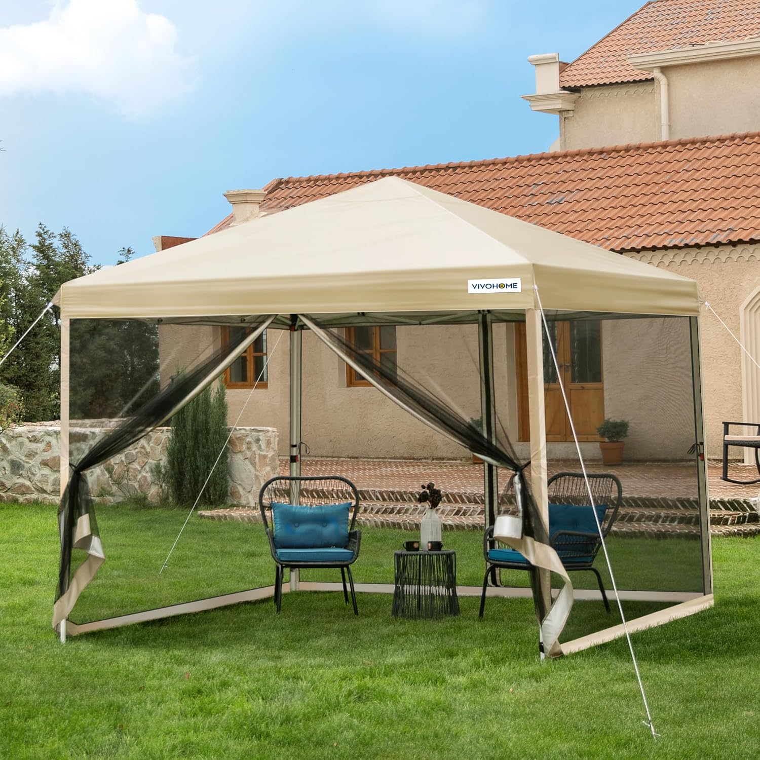 10x10ft Easy Pop-Up Canopy Outdoor Screen Tent with Mosquito Netting 2 Zipper Doors Roller Bag wourant