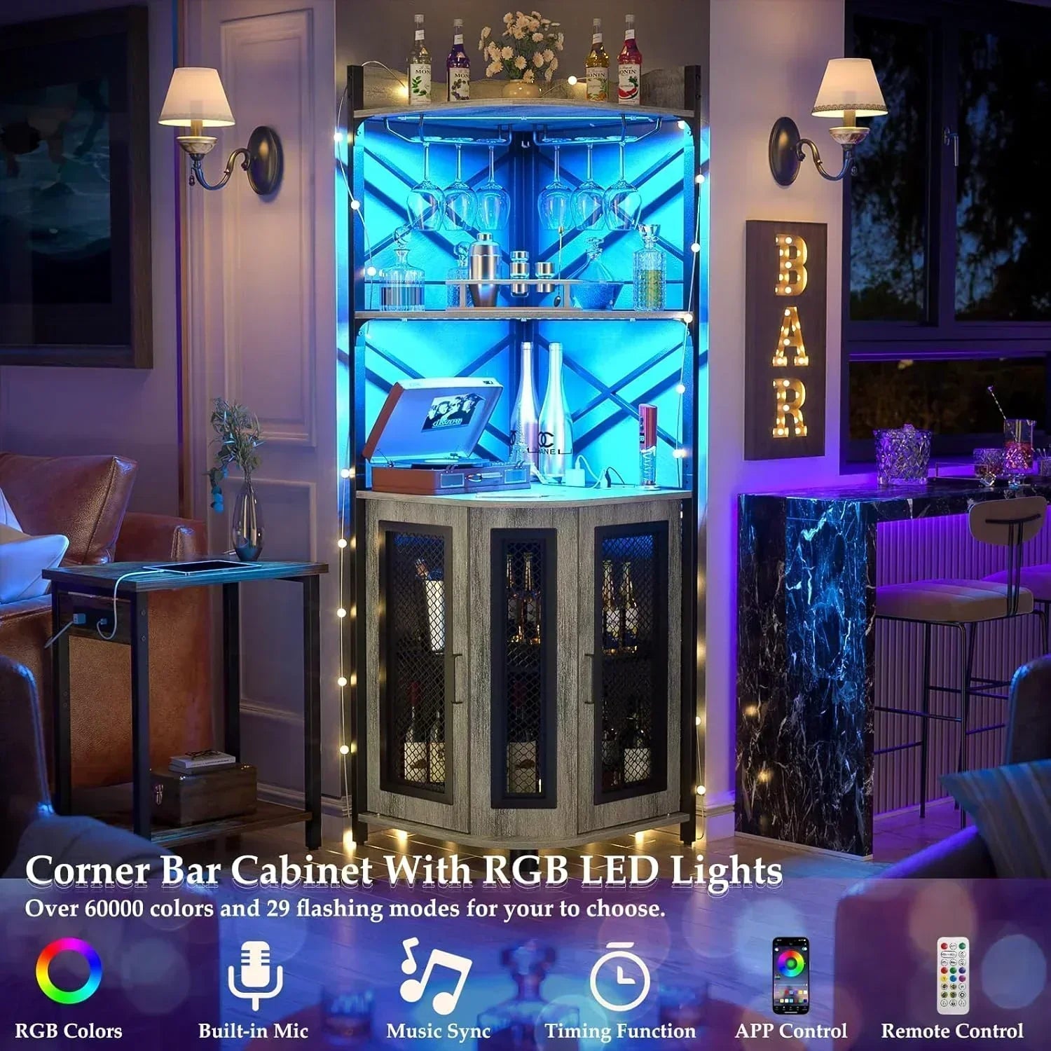 Corner bar cabinet with power socket industrial style wine cabinet light strip and glass rack wourant