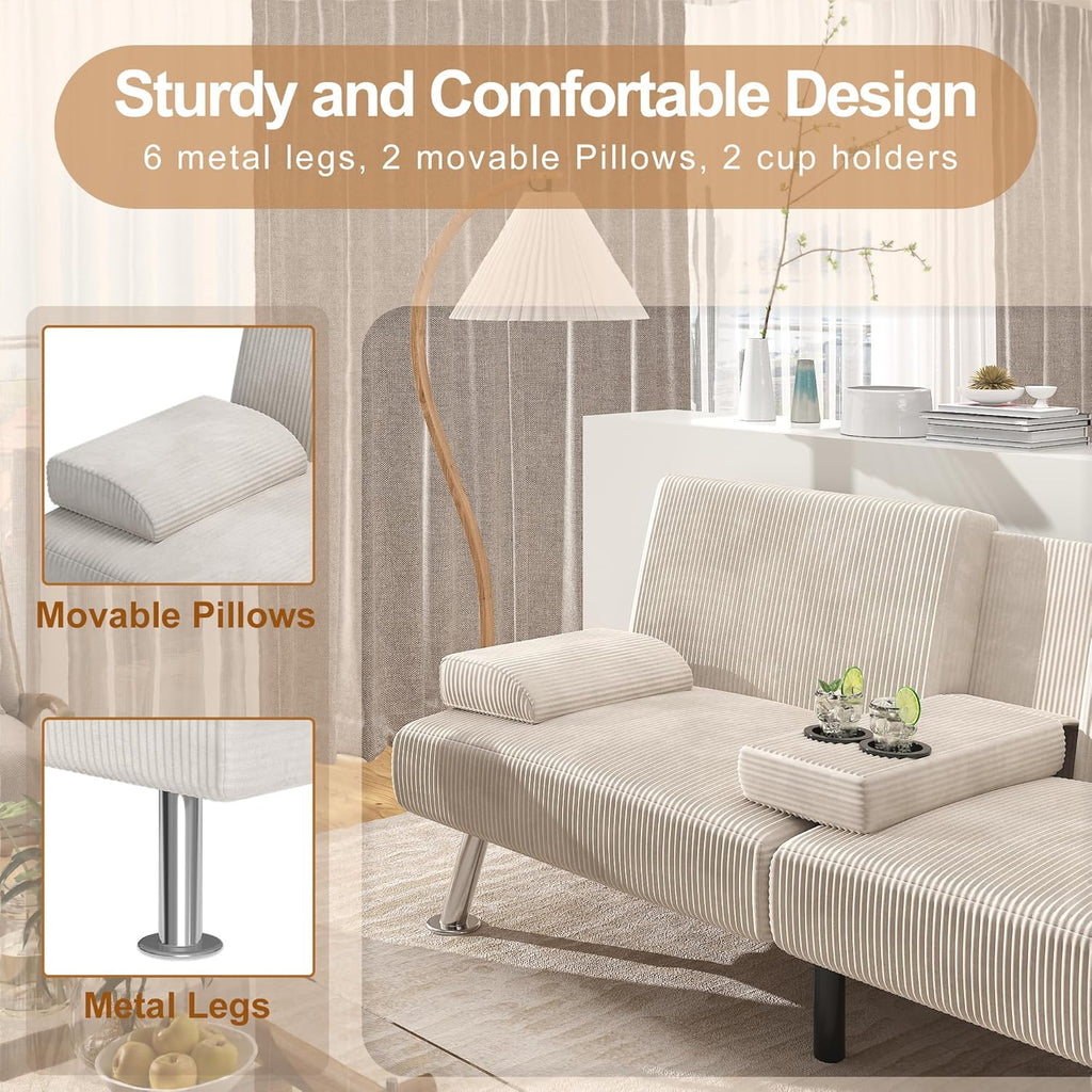Shahoo Modern Linen Upholstered Convertible Folding Futon Sofa Bed with Removable Armrests wourant