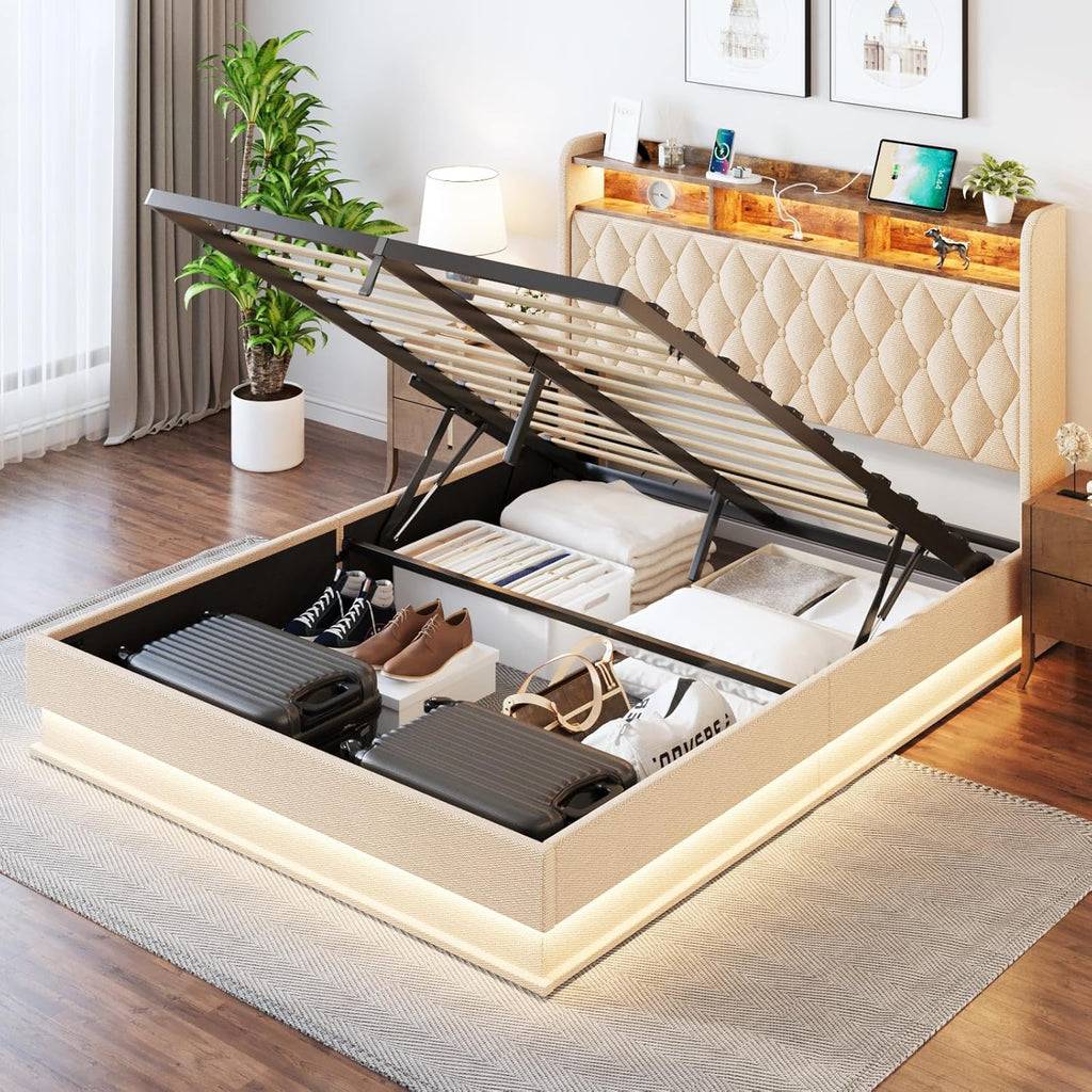 Queen Bed Frame with Storage Lift Up Queen Size Bed Frame Headboard Upholstered Platform Bed wourant