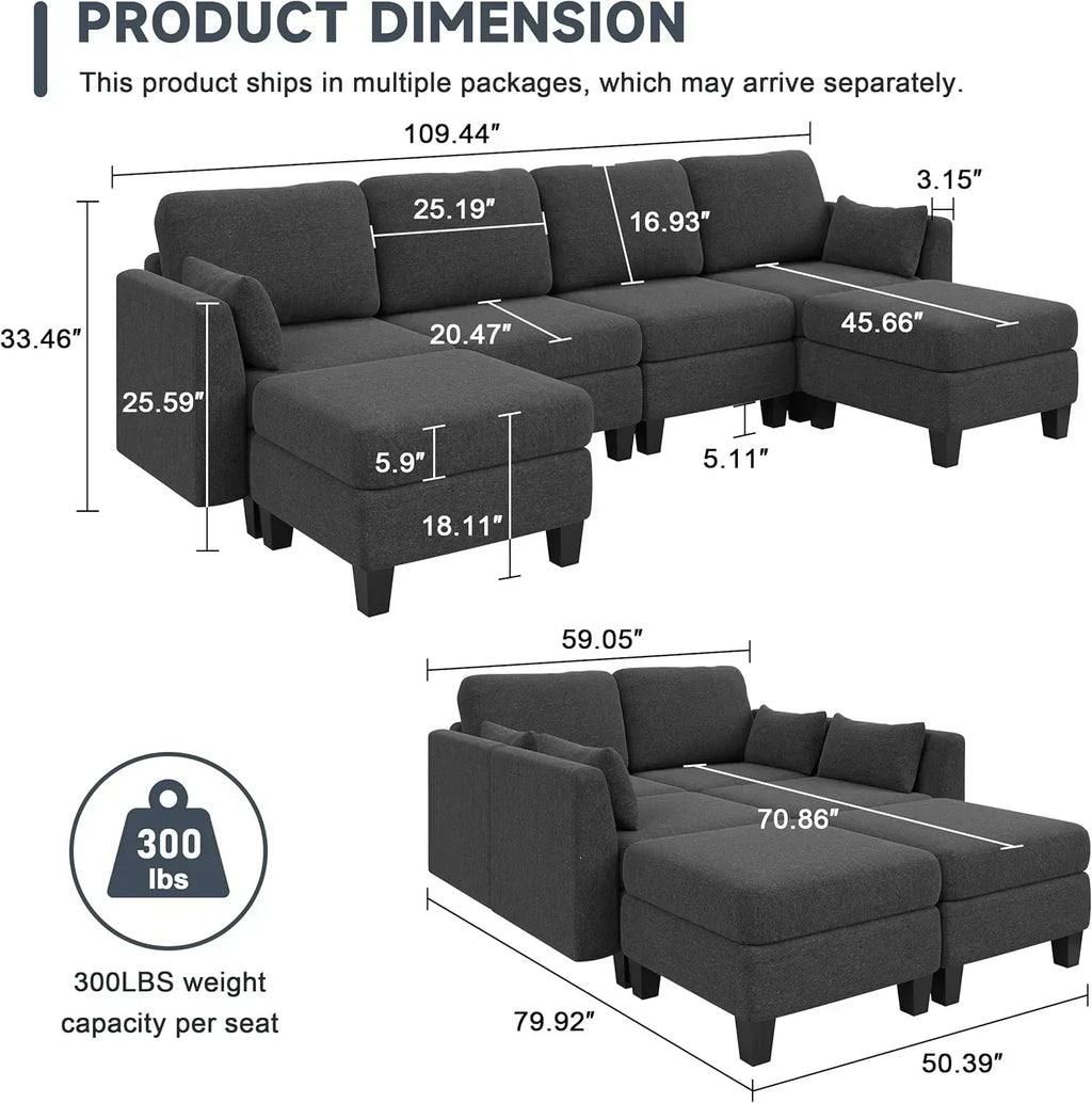 Modular Sectional Sof Convertible U Shaped Sofa Couch with High Density Memory Foam wourant