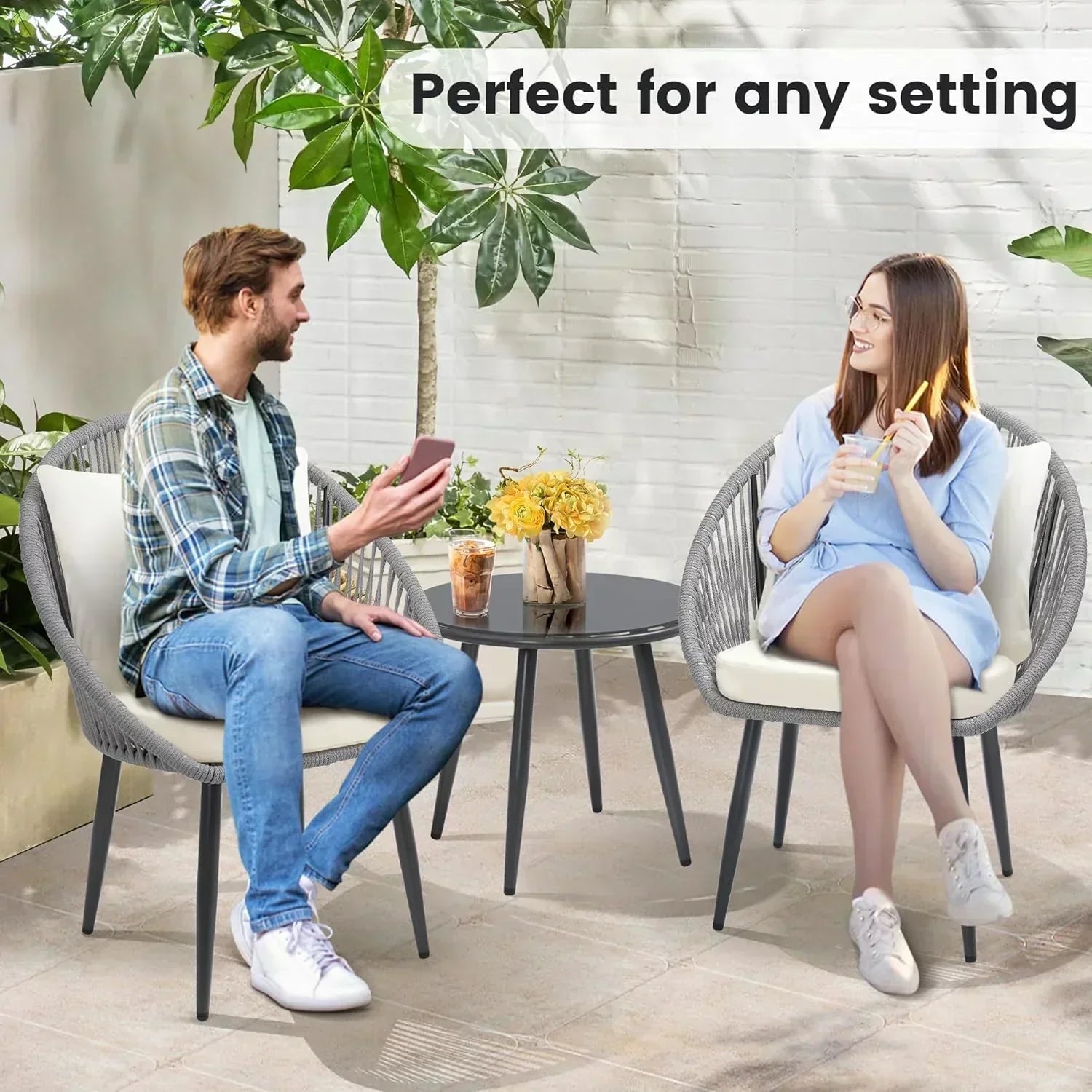 3 Piece Bistro Set Woven Rope Chair with Cushions All Weather Patio Conversation Set Side Table wourant