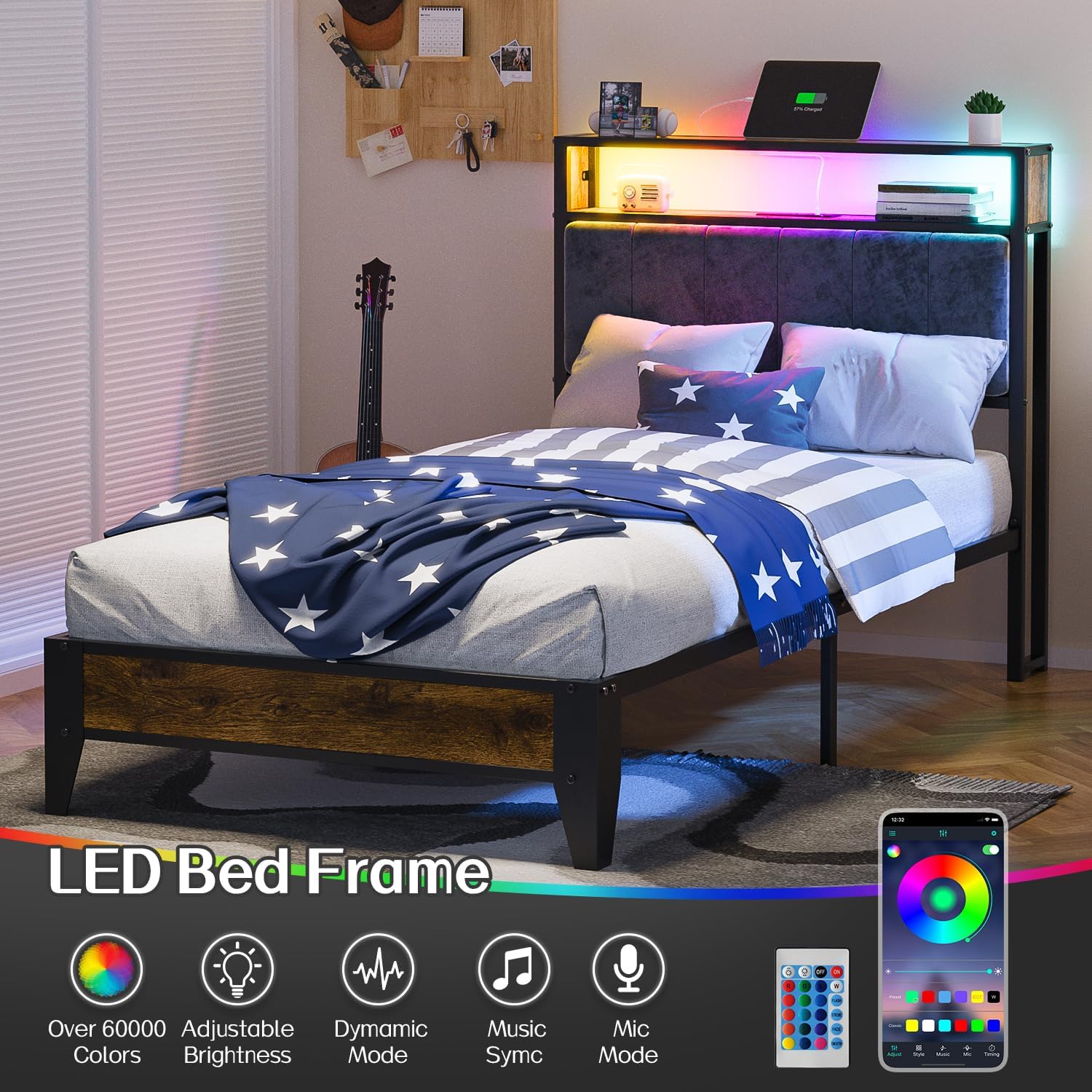 OLEVS Single Bed Frame LED Light Storage Headboard Type C Charging Station Metal Platform Bed wourant