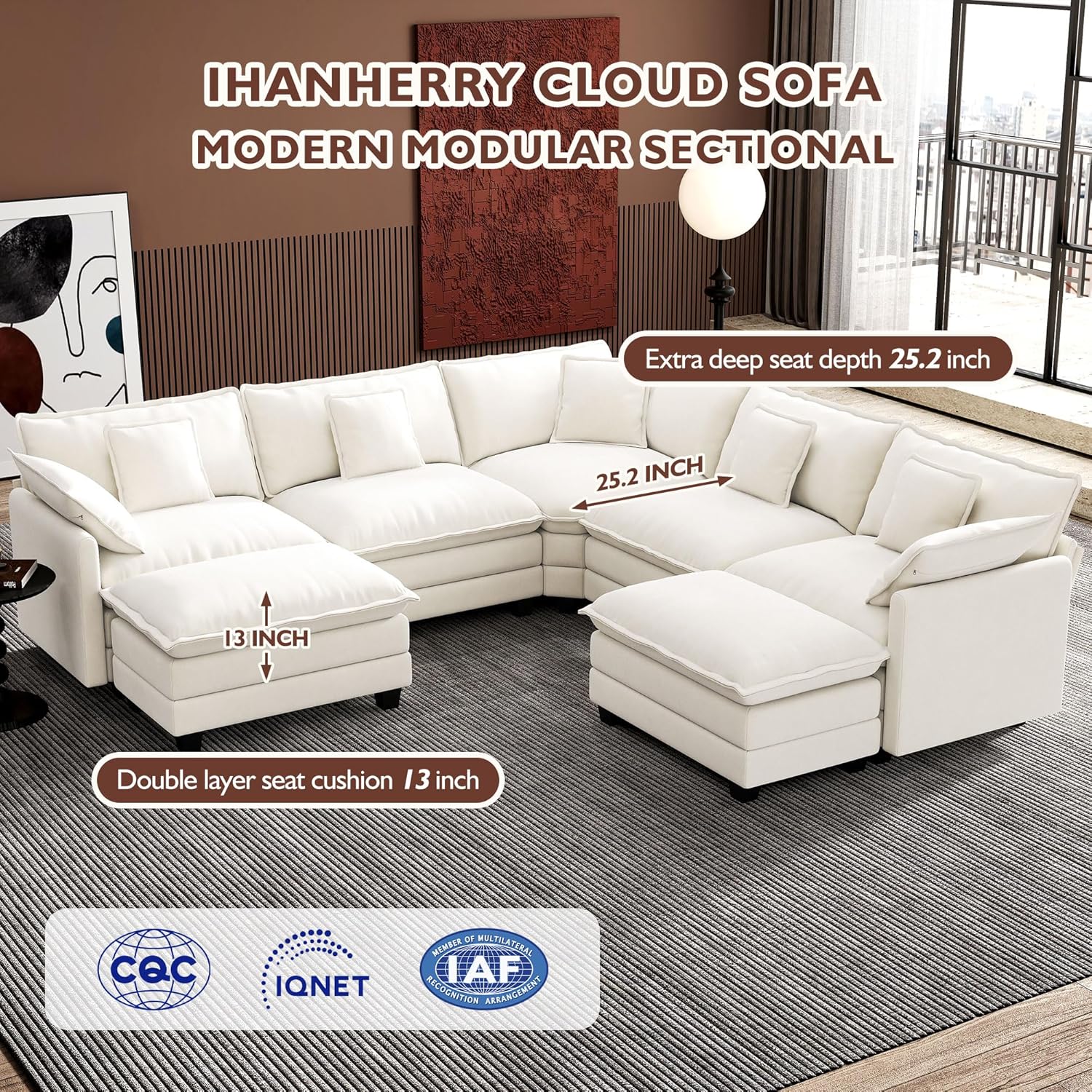 ihanherry 146-inch U-shaped modern sofa modular area cloud sofa wourant