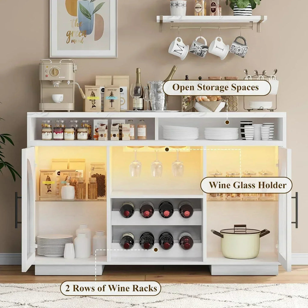 Sideboard 54-inch kitchen cabinet with LED lights and arched glass doors tall bar cabinet wourant