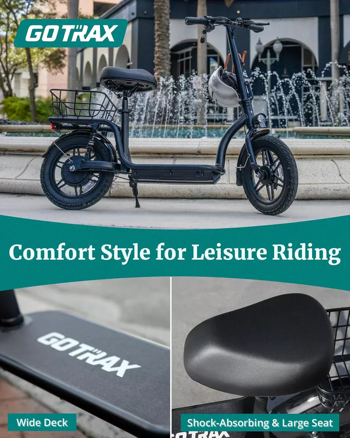 Gotrax adult electric scooter with seat maximum range of 19-25 miles all-terrain tires wide pedals wourant