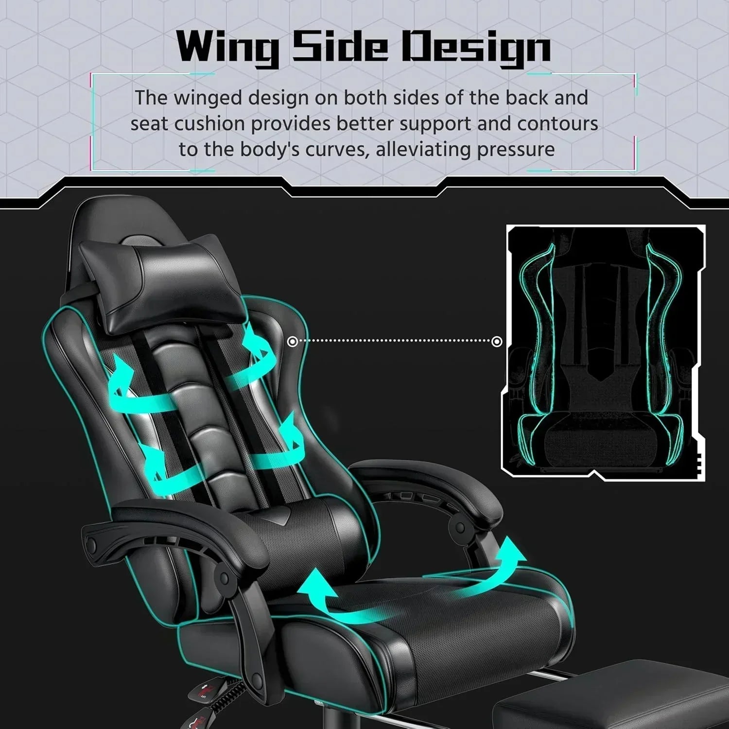 Gaming Chair with Massage Lumbar Support and Footrest Height Office Gaming Chair wourant