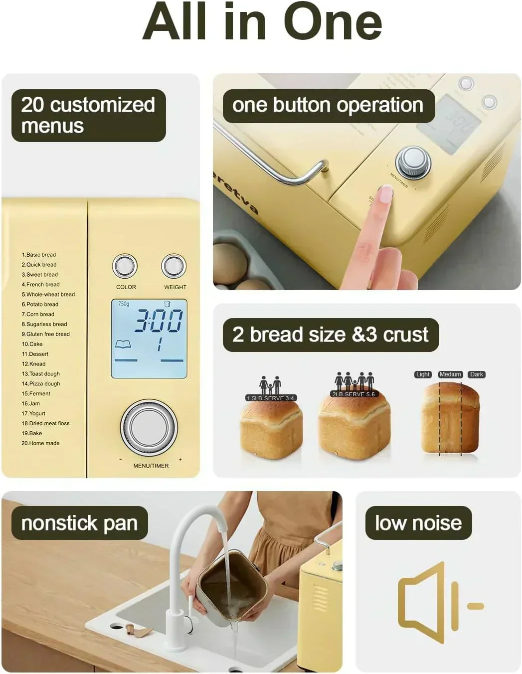 Neretva Bread Maker 20-in-1 2LB Bread Maker Dual Heater Bread Maker Automatic Ceramic Pan wourant