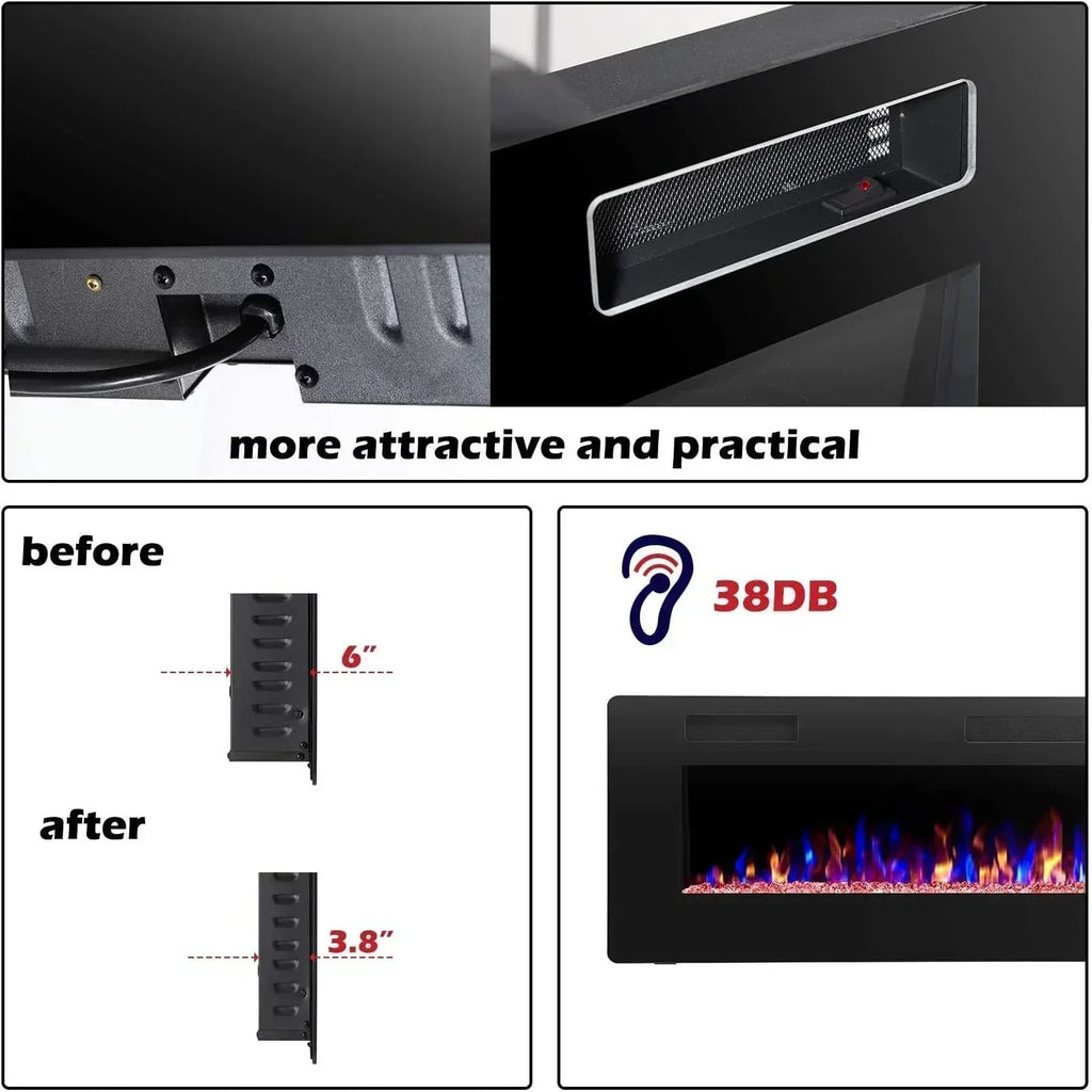 R.W.FLAME 60" Recessed and Wall Mounted Electric Fireplace Low Noise Fit for 2 x 6 Stud wourant