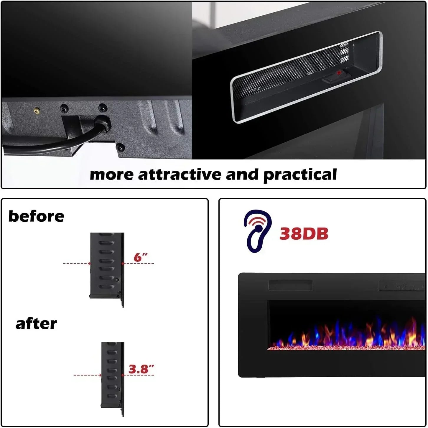 R.W.FLAME 60" Recessed and Wall Mounted Electric Fireplace Low Noise Fit for 2 x 6 Stud wourant