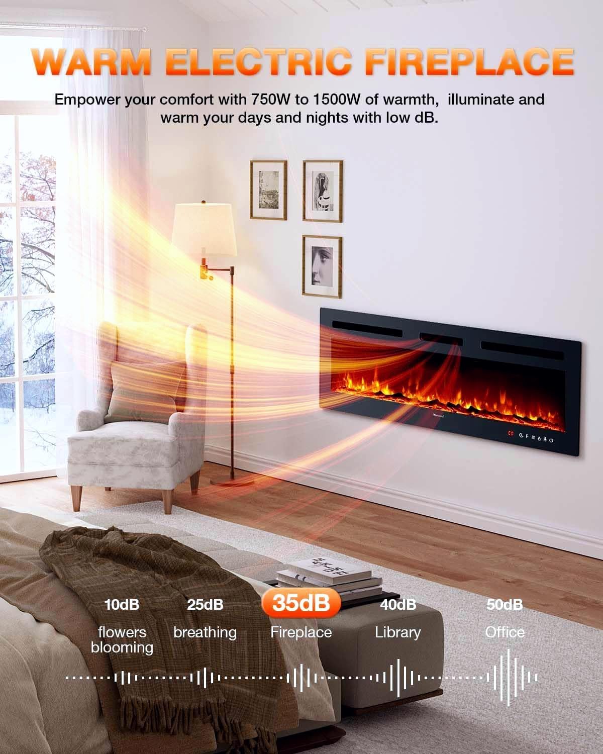 Electric Fireplace 60Inch Wall Mounted Electric Fireplace Heater with Timer Inserts TV Stand wourant