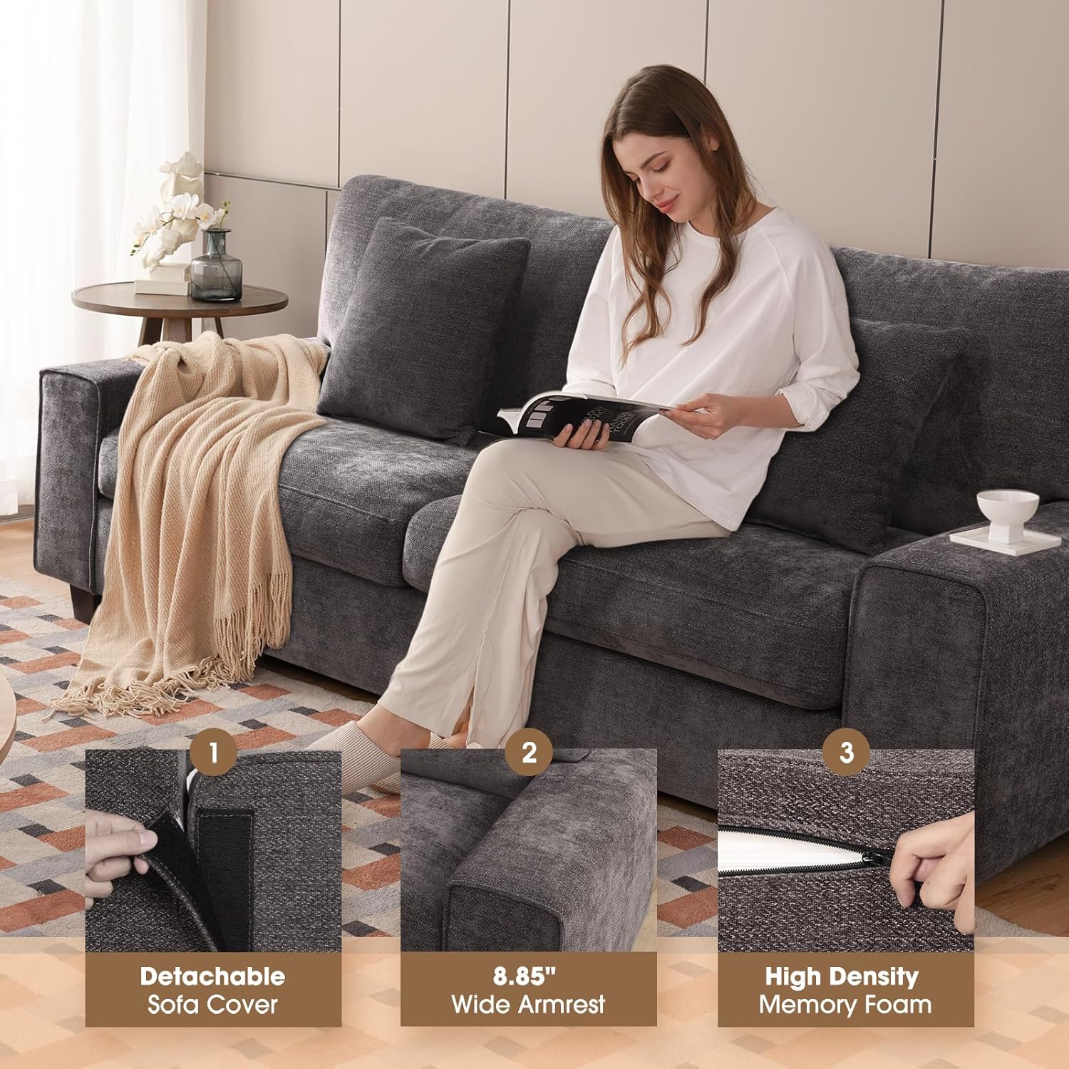 DOPEDIO living room double sofa chenille lounge chair removable solid wood frame wourant