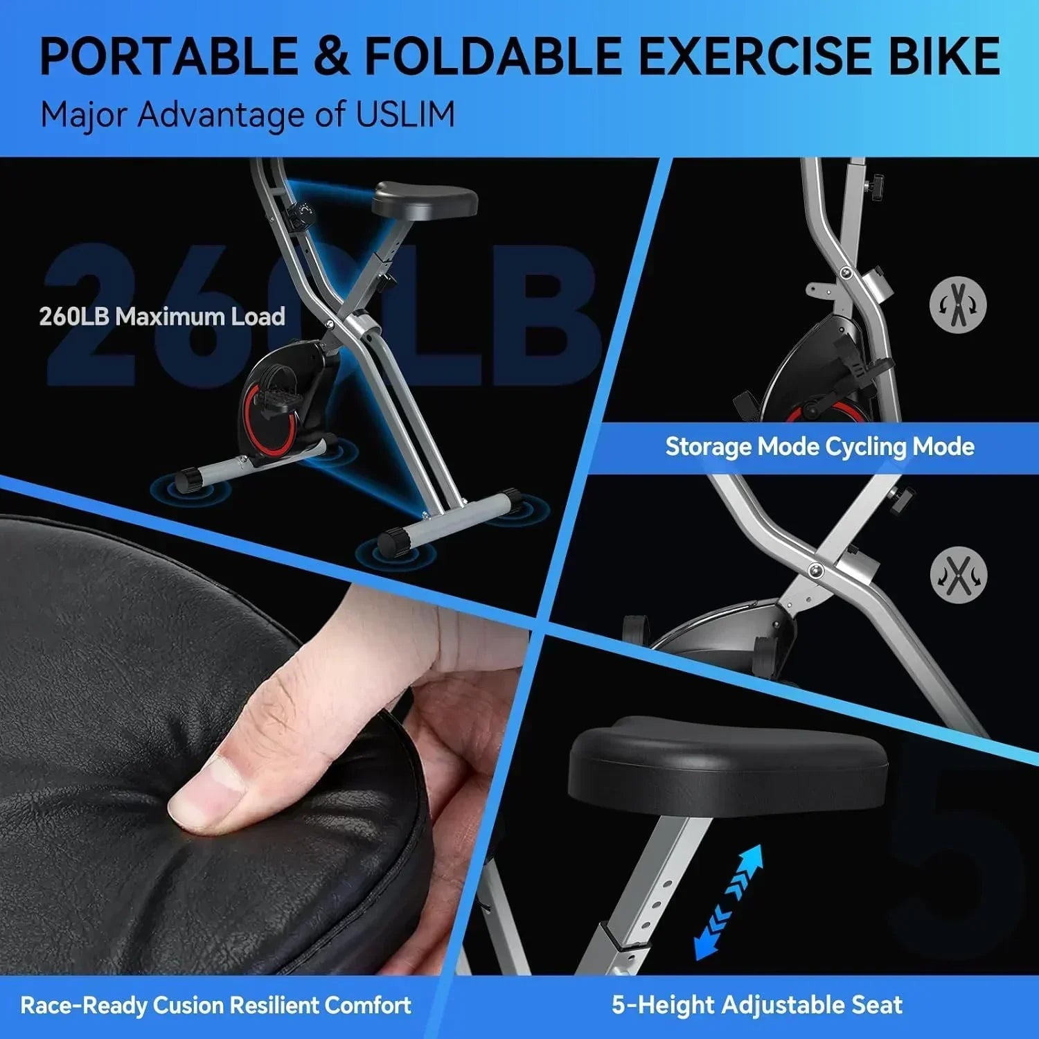 Foldable Exercise Bike Stationary Bikes  5 IN 1 Indoor Workout Cycling Bike Quiet Magnetic Resistance wourant