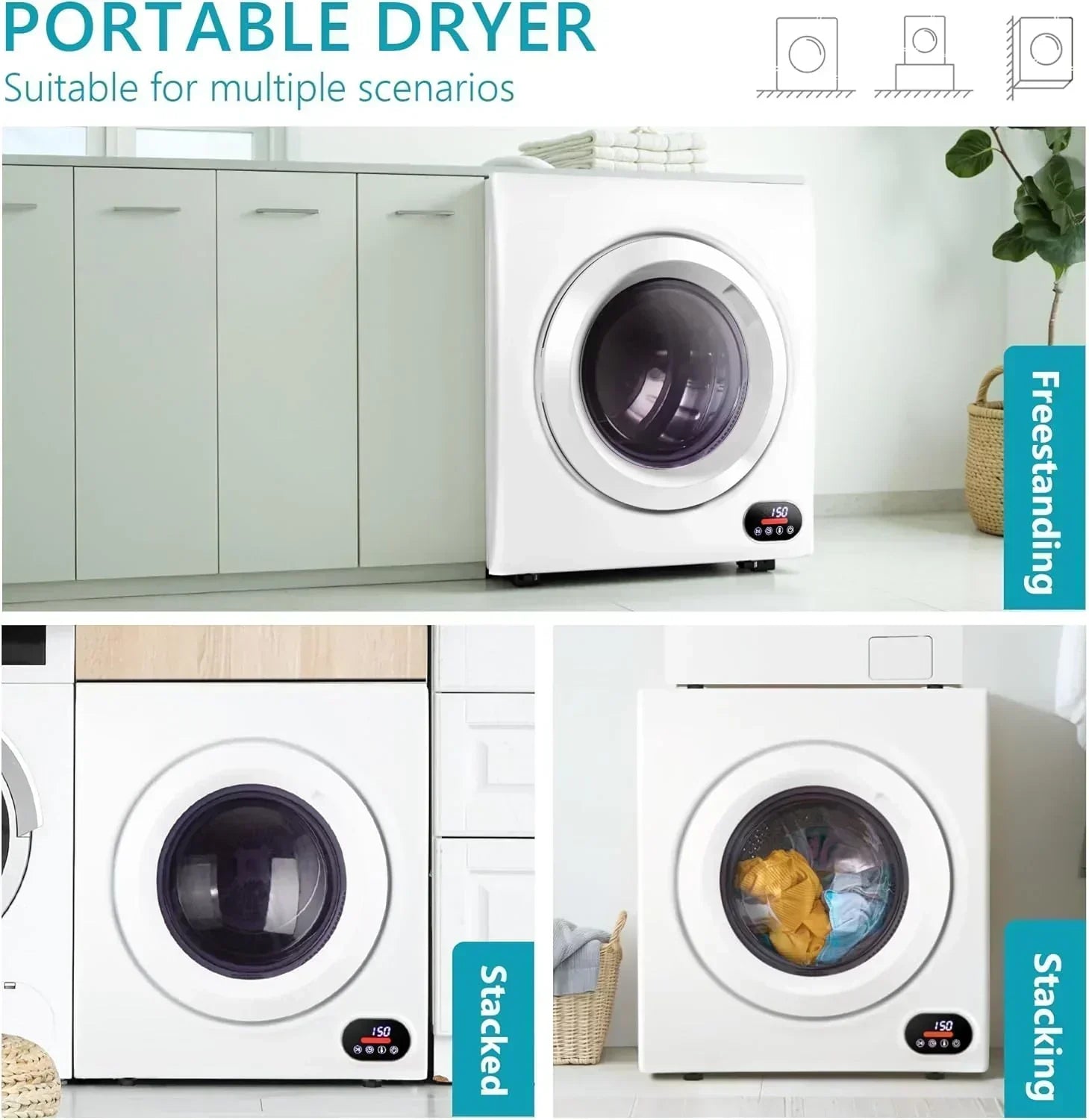 Compact Laundry Dryer 3.5 cu ft Front Load Stainless Steel Clothes Dryers With Exhaust Pipe wourant