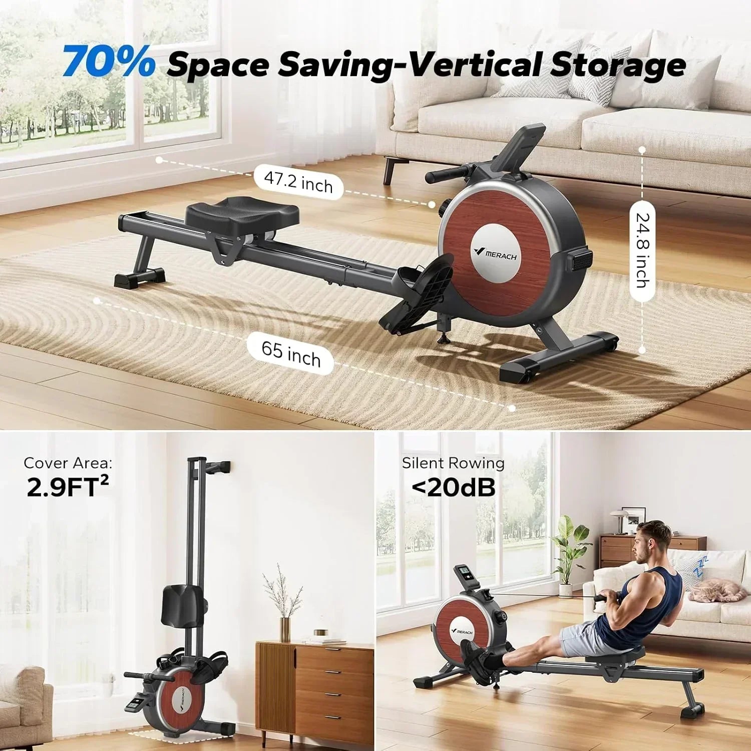 Merachi household rowing machine silent resistance dual-slide design wourant