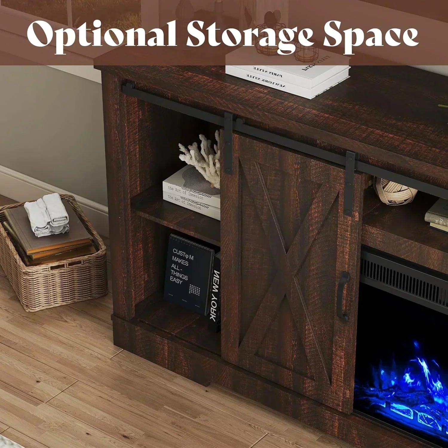 AMERLIFE Fireplace TV Stand with Sliding Barn Door  Farmhouse 63" Fireplace Entertainment Center wourant