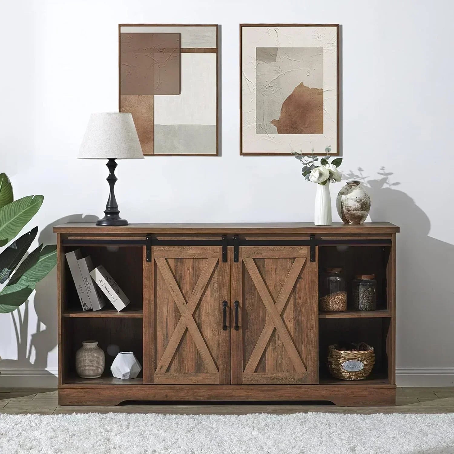 AMERLIFE Fireplace TV Stand with Sliding Barn Door  Farmhouse 63" Fireplace Entertainment Center wourant