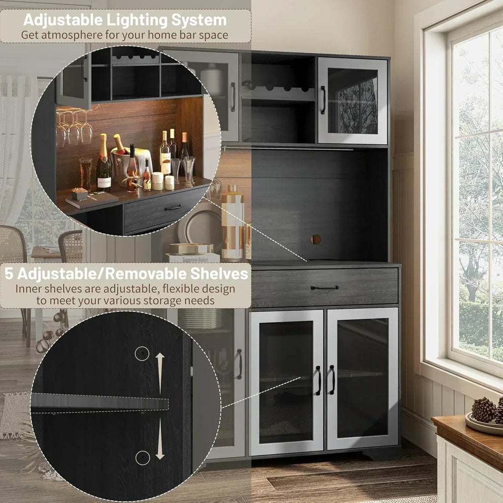 Kitchen Hutch Pantry Cabinet 71" Tall with Glass Doors wourant