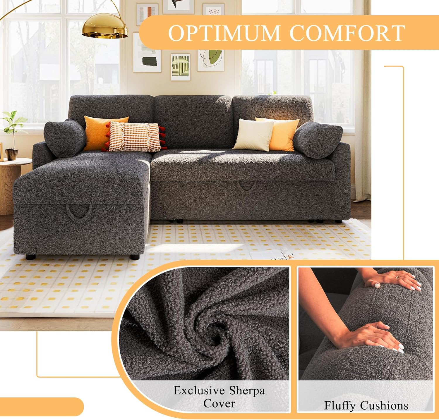 VanAcc Sofa Bed Sleeper Sofa with Storage Chaise 2 in 1 Pull Out Couch Living Room wourant