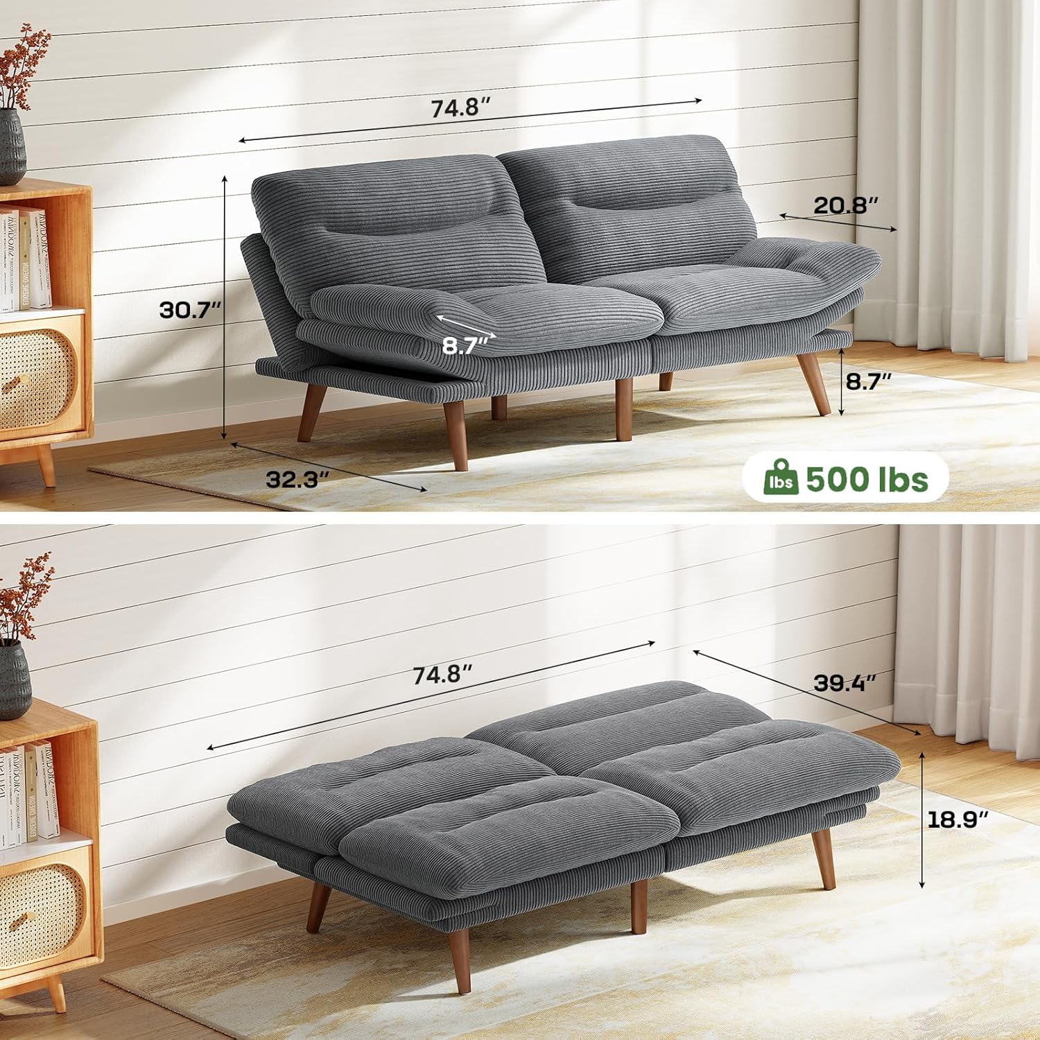 Futon Sofa Bed Futon Sofa Adjustable Back Armrests Converts to Small Sleeper Sofa Bed wourant