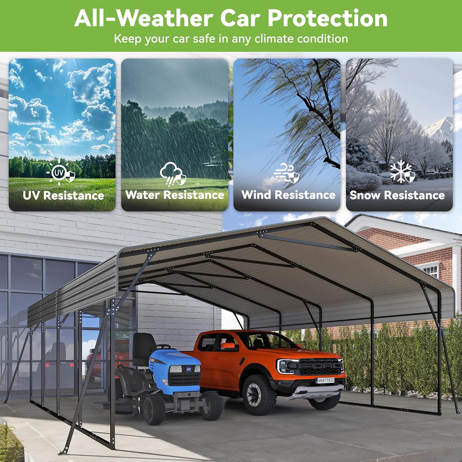 10'x15' Heavy Duty Metal Carport Outdoor Garage Car Shelter Shade with Heavier Frame wourant