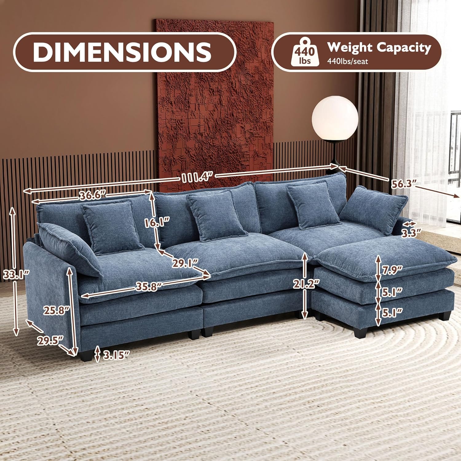 ihanherry 146-inch U-shaped modern sofa modular area cloud sofa wourant