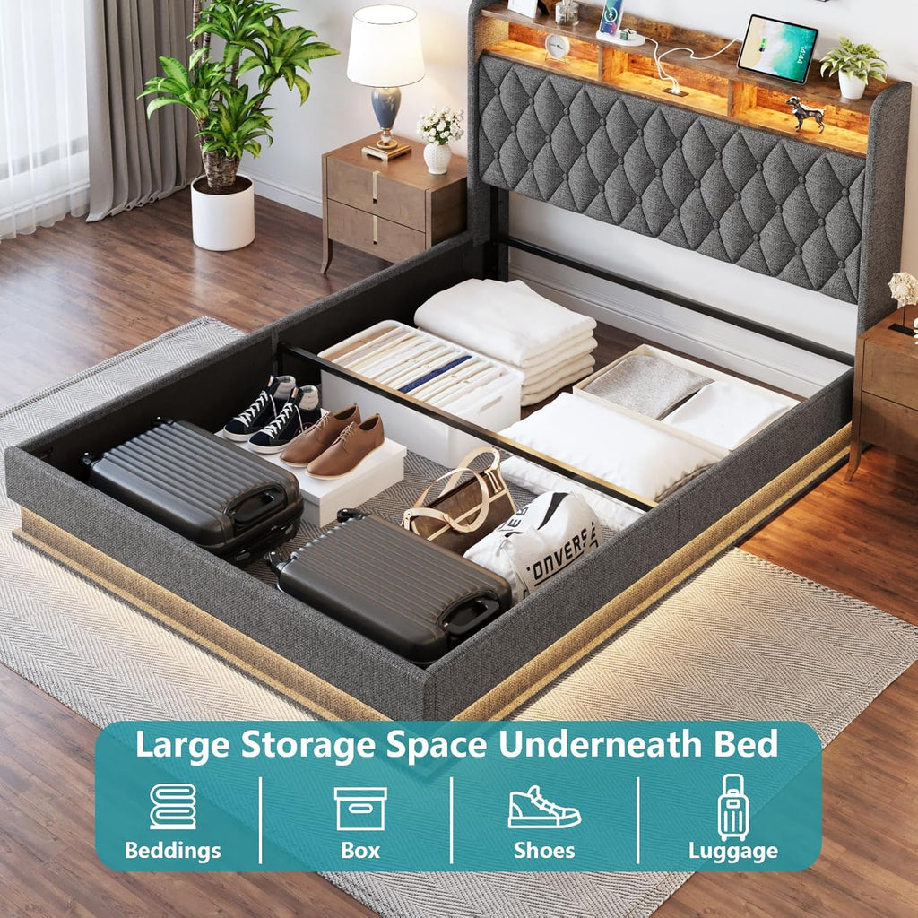 Queen Bed Frame with Storage Lift Up Queen Size Bed Frame Headboard Upholstered Platform Bed wourant