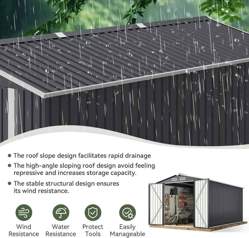 Aoxun 12x10 FT Shed Metal Outdoor Waterproof Storage Shed Steel Utility Garden Tool Shed wourant