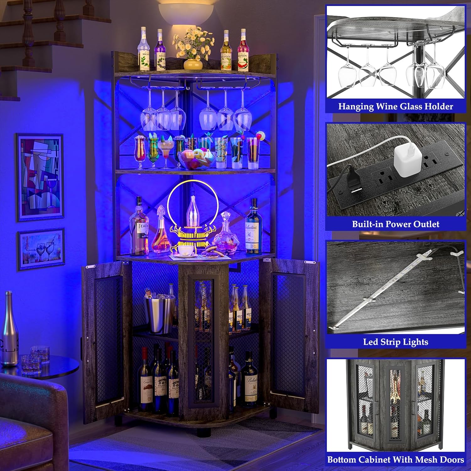 Corner bar cabinet with power socket industrial style wine cabinet light strip and glass rack wourant