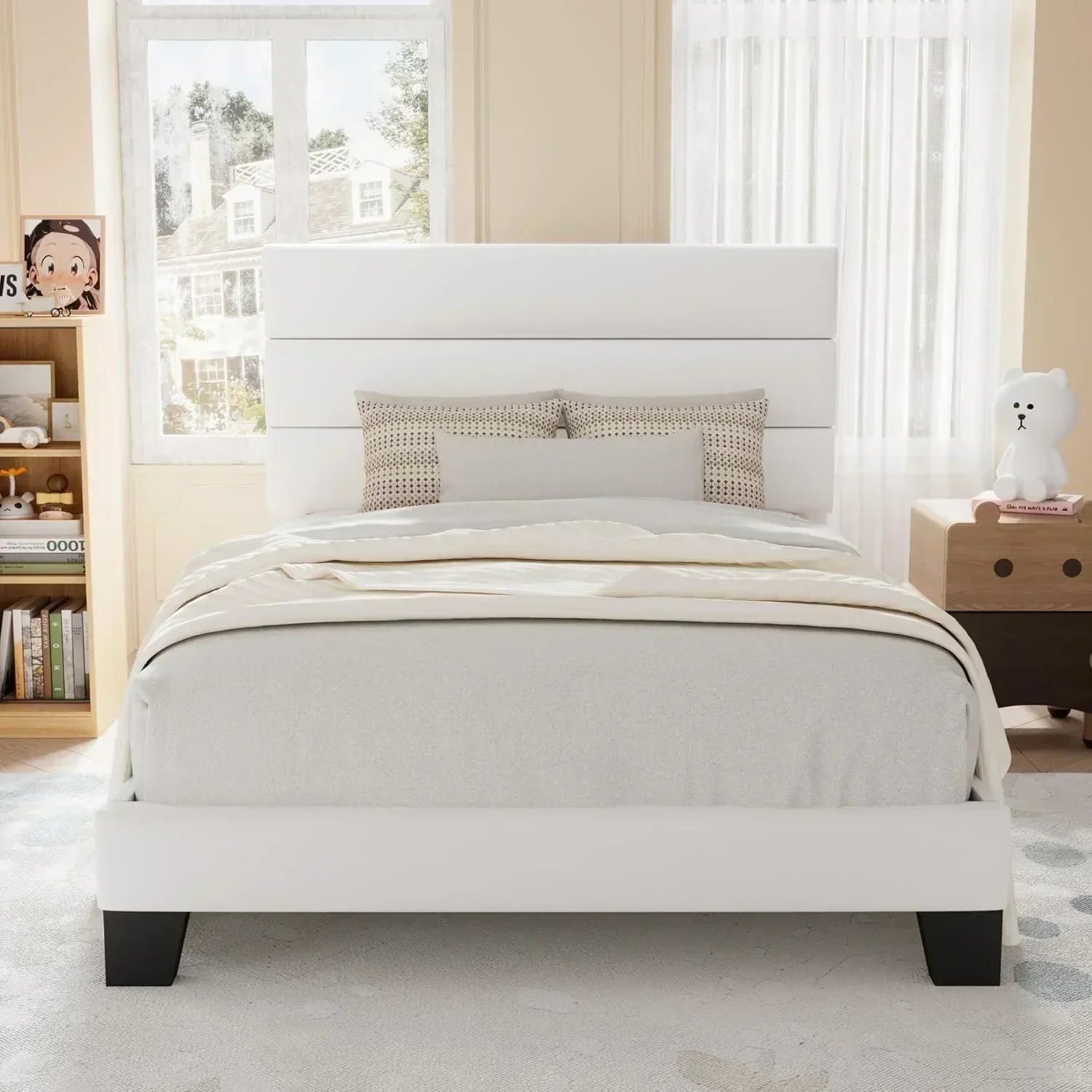 Allewie King size platform bed frame with velvet upholstered headboard and planks wourant