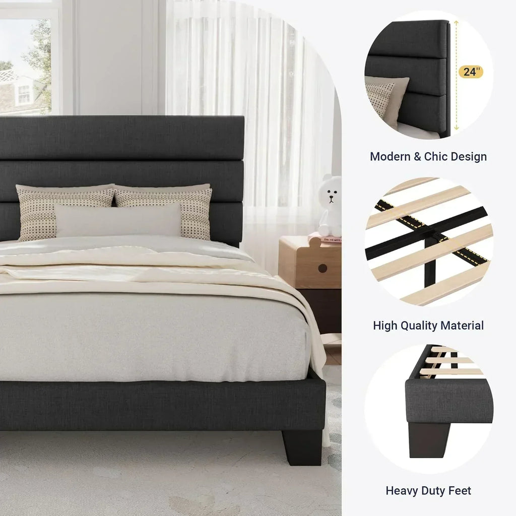 Allewie King size platform bed frame with velvet upholstered headboard and planks wourant