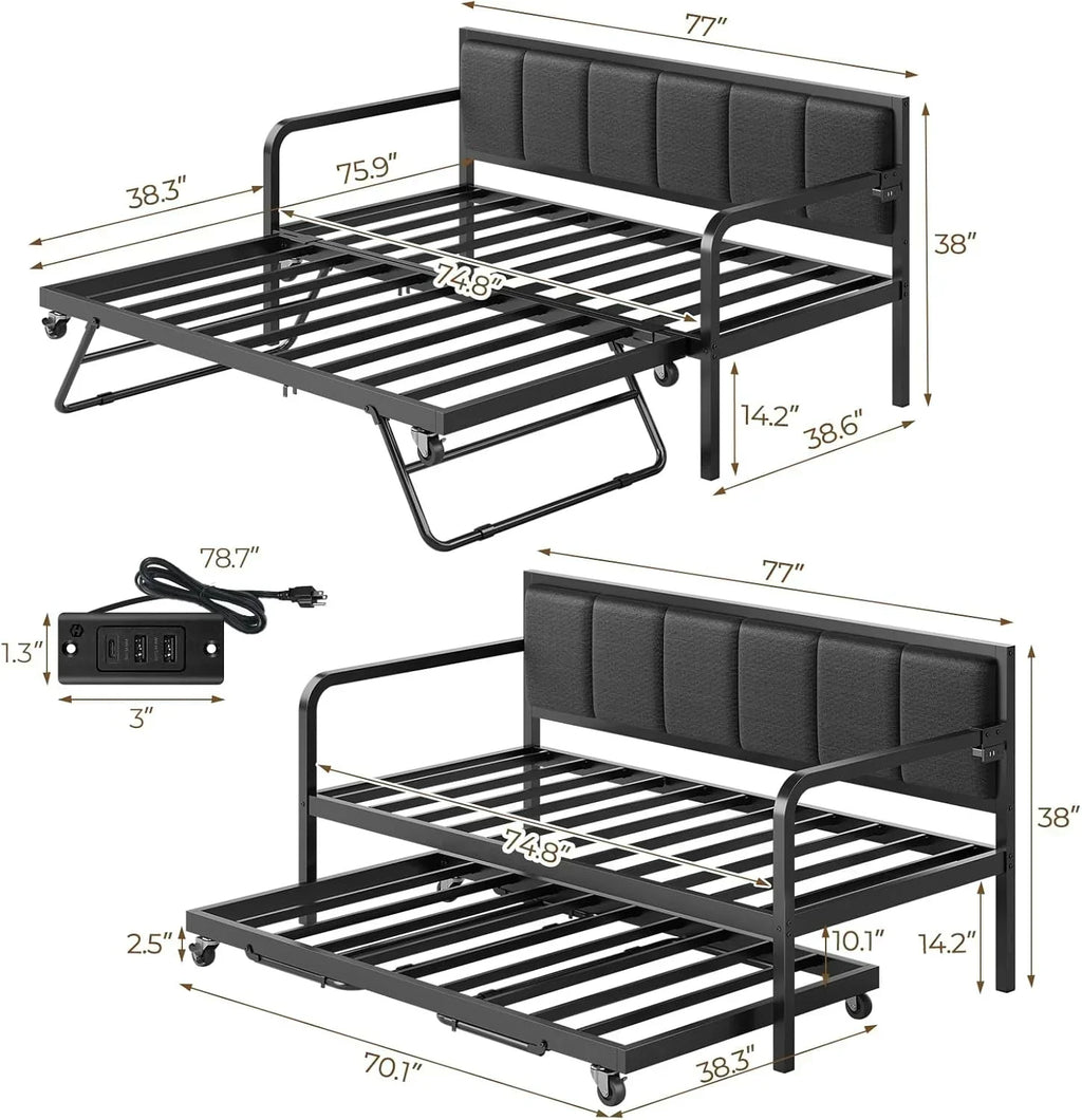 Rolanstar Daybed with Charging Station and LED Lights Height Adjustable Twin Daybed wourant