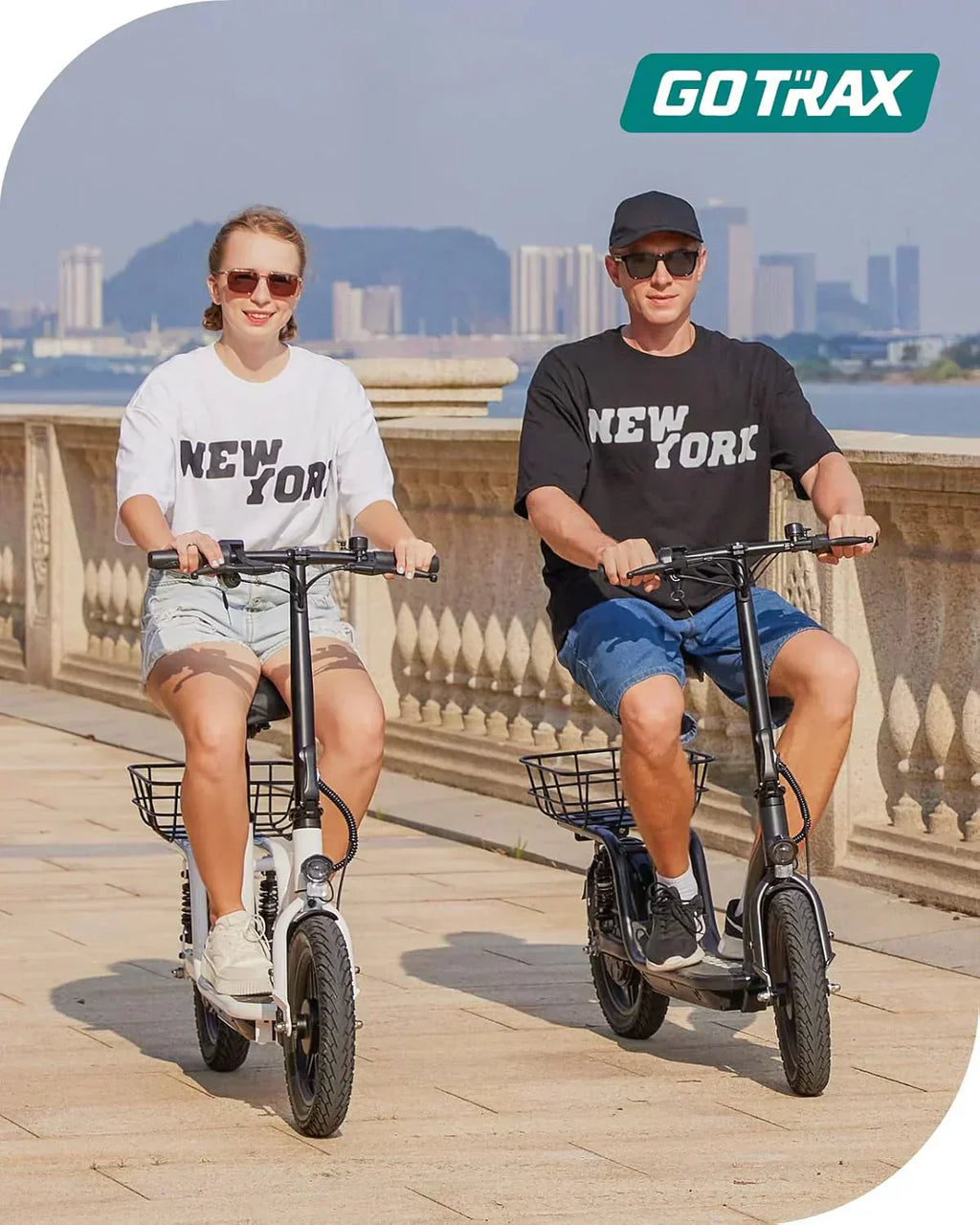 Gotrax adult electric scooter with seat maximum range of 19-25 miles all-terrain tires wide pedals wourant