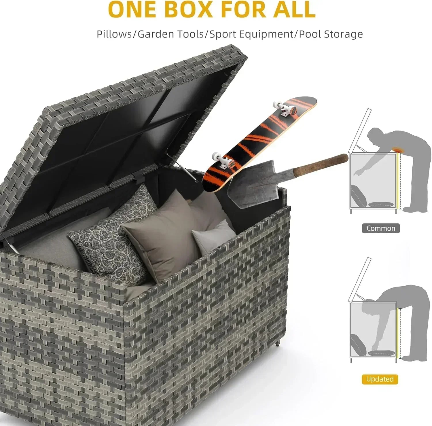 DWVO 70Gal Outdoor Storage Bench with Cushion Composite Wood Backrest Wicker Deck Bench wourant