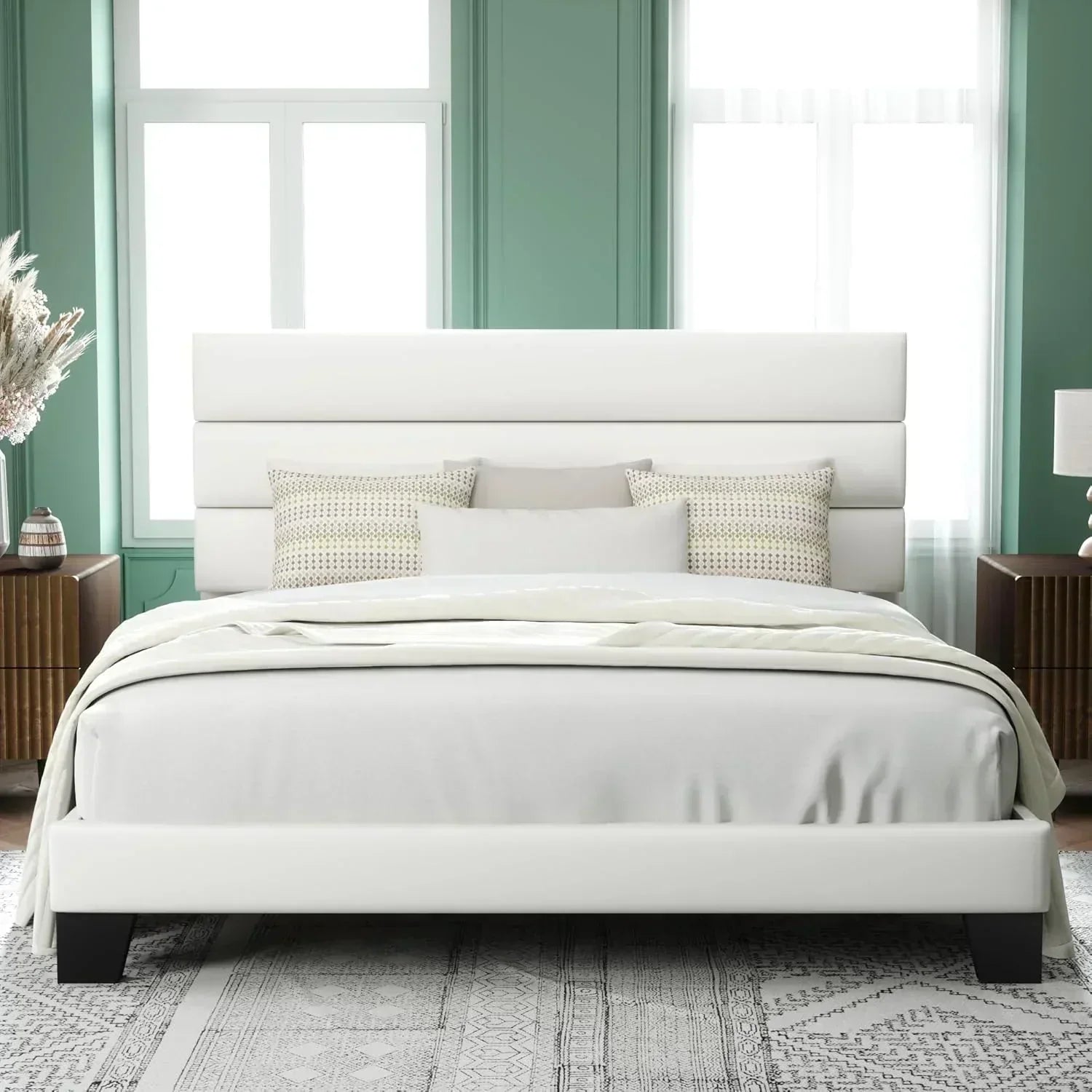 Allewie King size platform bed frame with velvet upholstered headboard and planks wourant