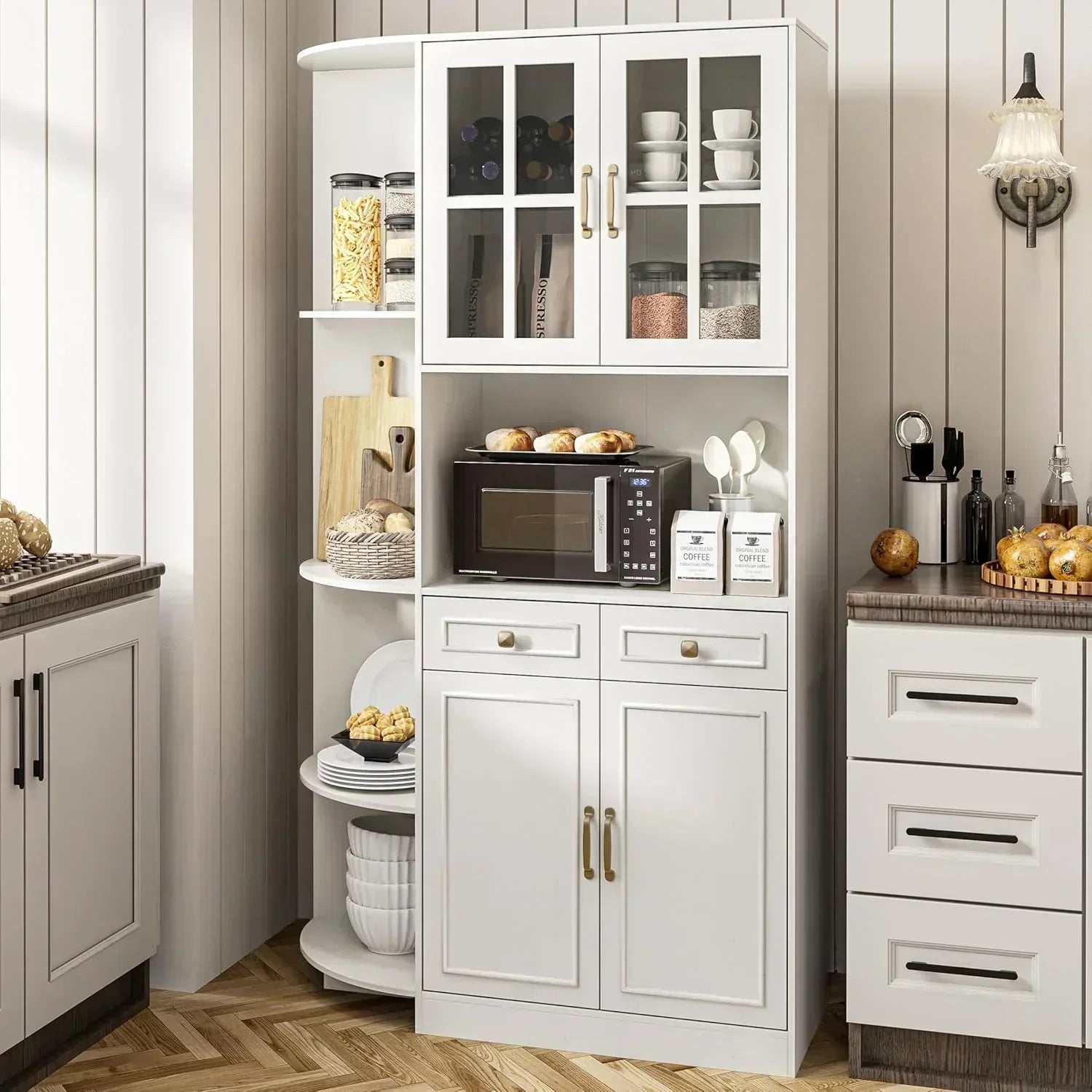 Kitchen Hutch Pantry Cabinet 71" Tall with Glass Doors wourant