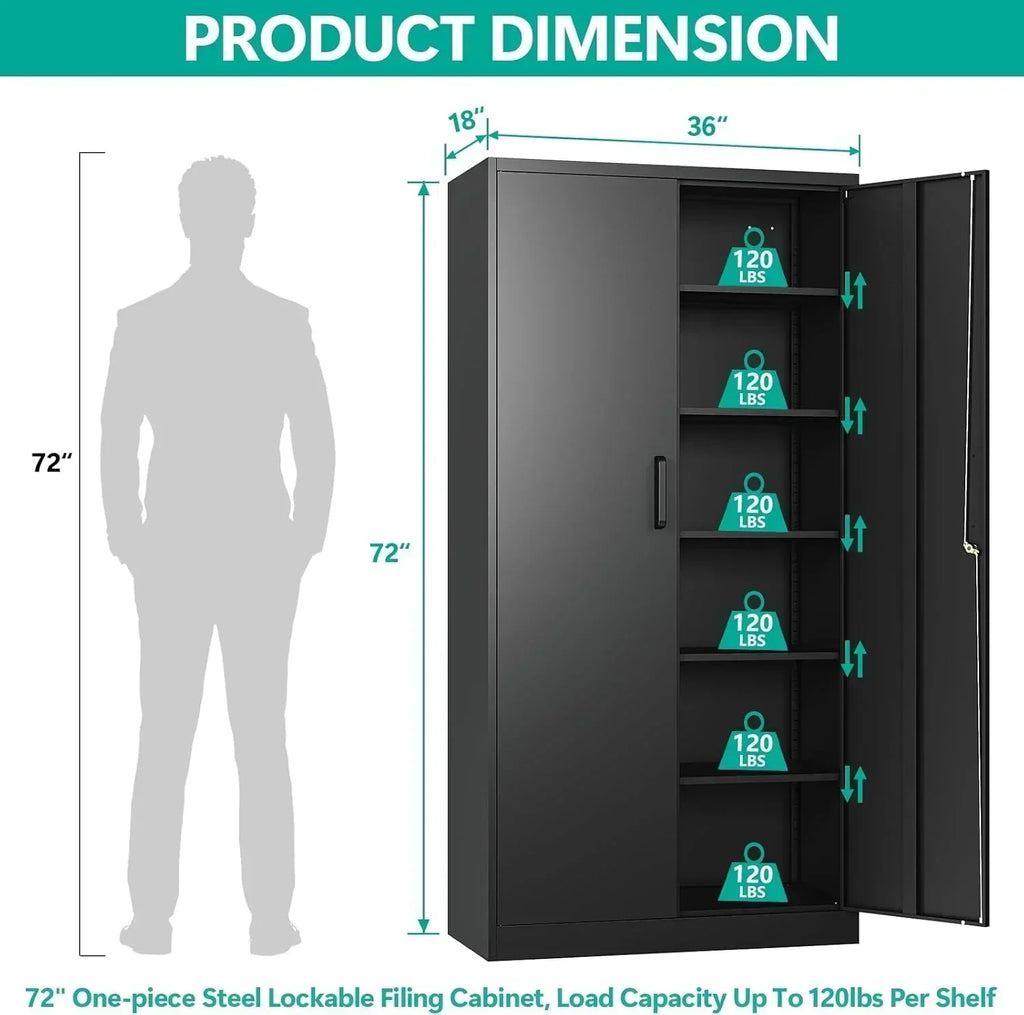 Metal Storage Cabinet with 2 Doors and 6 Shelves Black Metal Cabinet Garage Storage Cabinet wourant