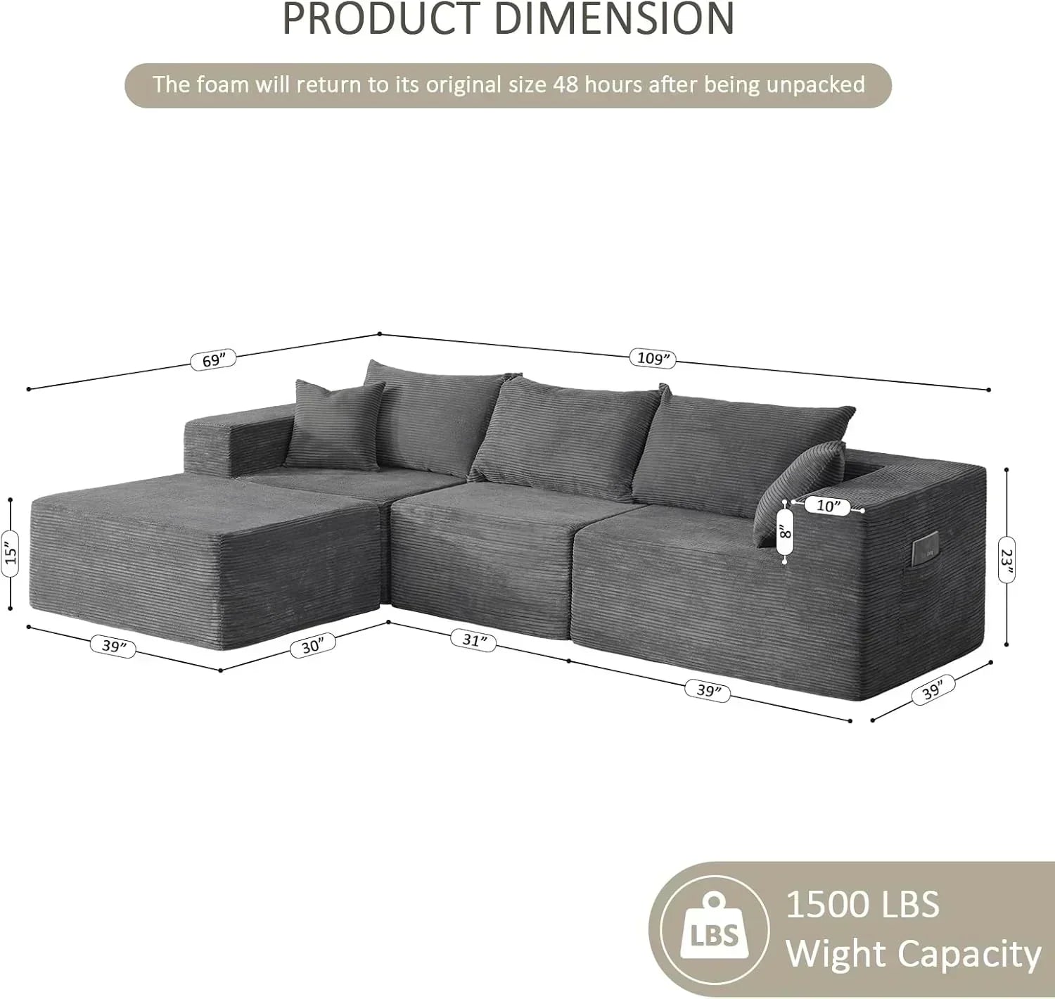 Cloud sofa with L-shaped lounge chair modern modular sofa with deep seats wourant