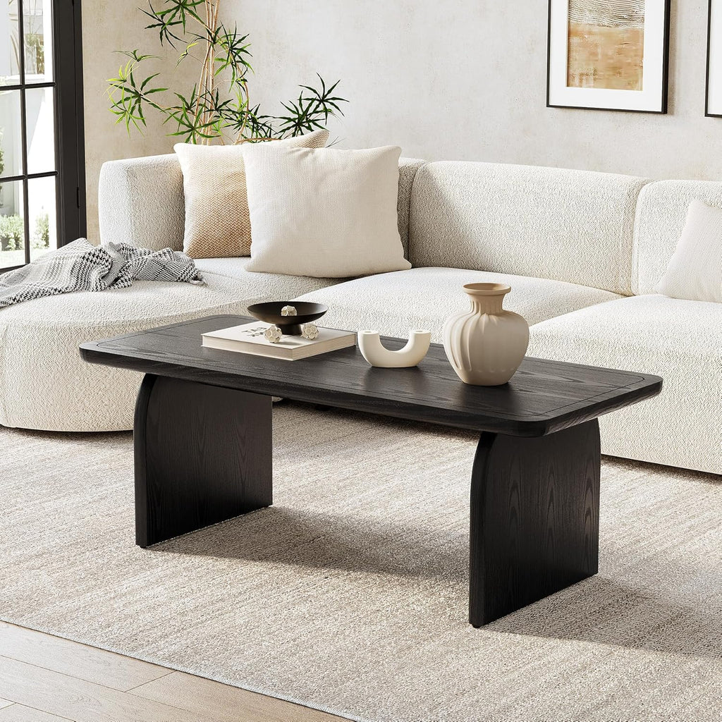 LITTLE TREE Farmhouse Coffee Table 47 Inch Round Corner Wood Center Table Rectangular wourant