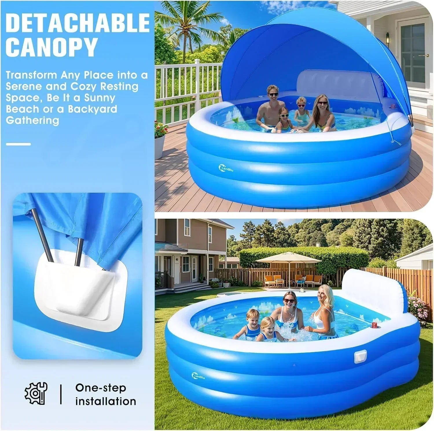 2025 Upgraded Inflatable Pool with Canopy Inflatable Family Lounge Pool Round Blow Up Pool wourant