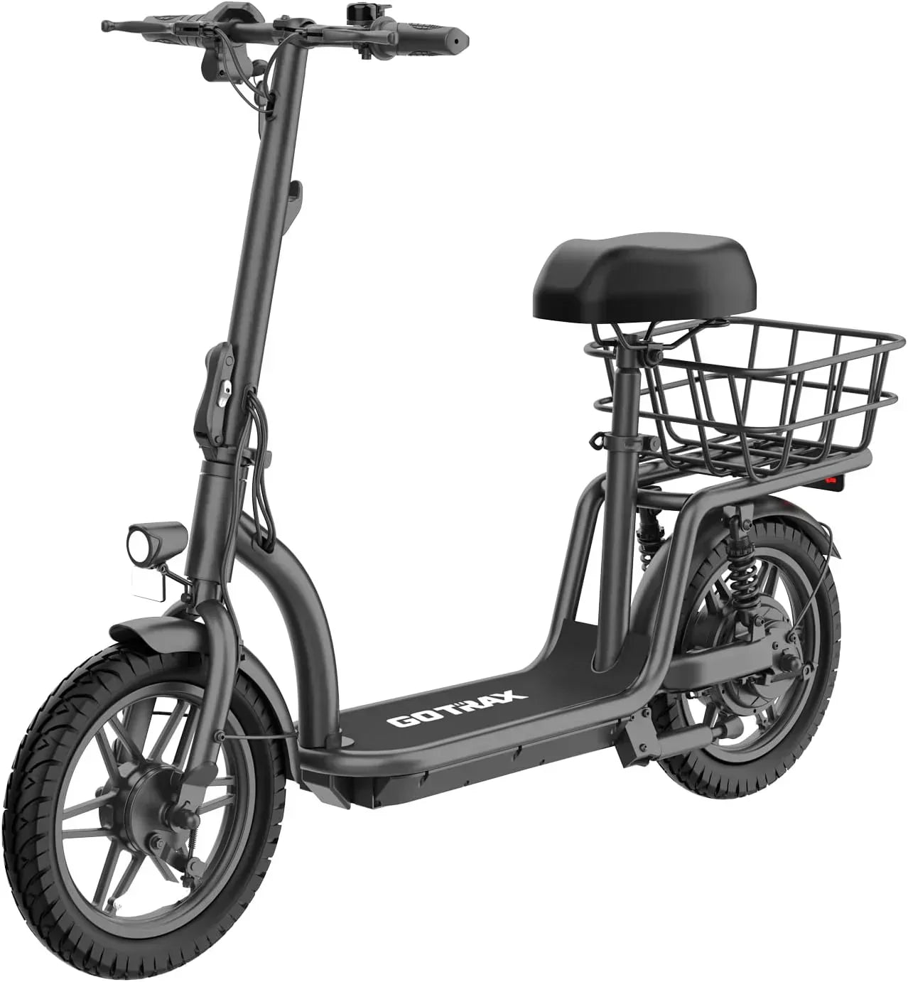 Gotrax adult electric scooter with seat maximum range of 19-25 miles all-terrain tires wide pedals wourant