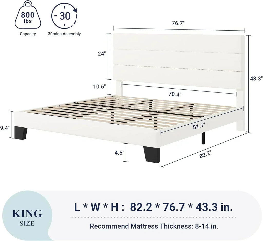 Allewie King size platform bed frame with velvet upholstered headboard and planks wourant