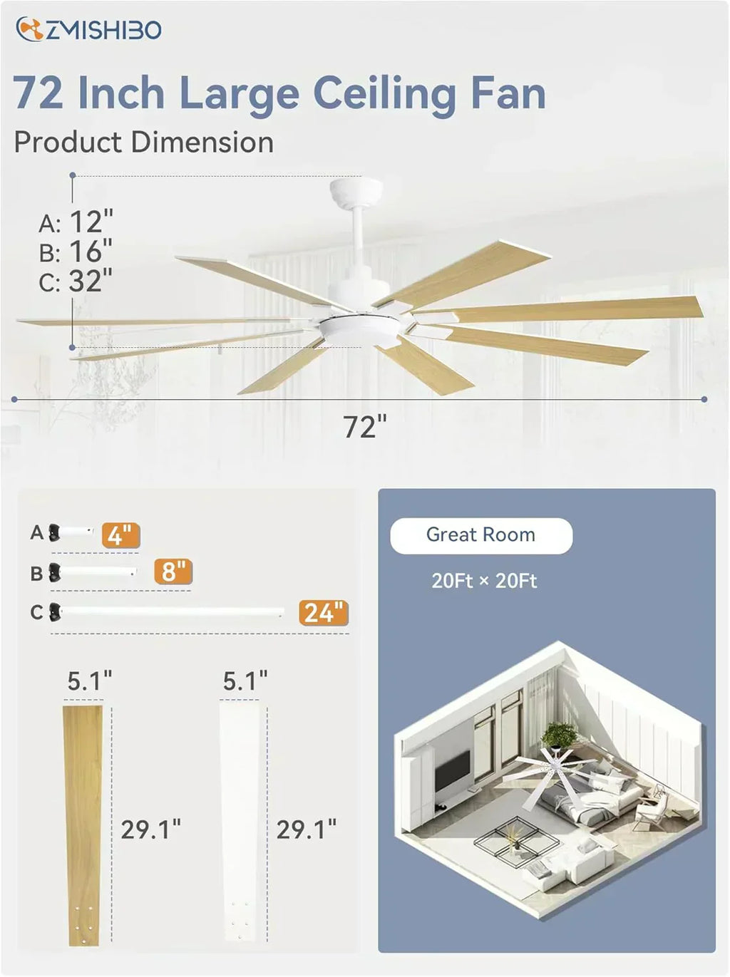 Zmishibo 72-inch large ceiling fan with lighting and remote indoor/outdoor wourant