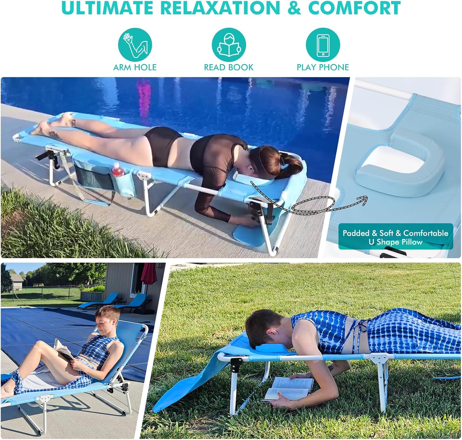 Tanning Chair with Sun Canopy Face Hole Folding Chaise Lounge Chair 5 Position Reclining wourant