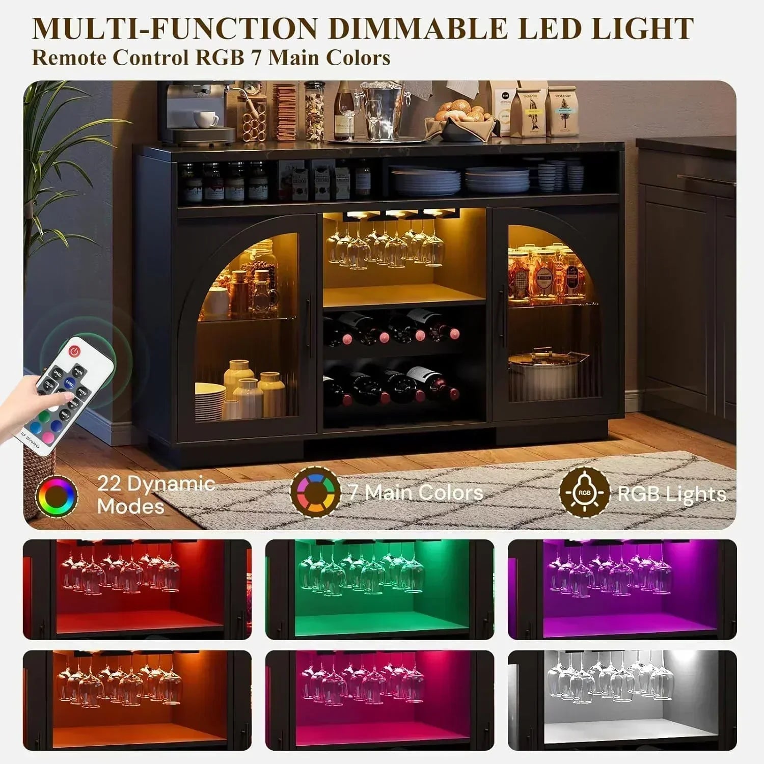 Sideboard 54-inch kitchen cabinet with LED lights and arched glass doors tall bar cabinet wourant