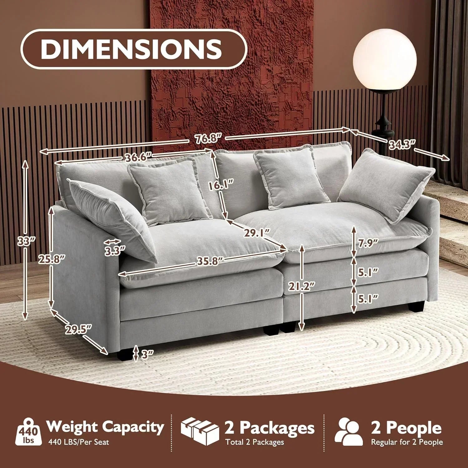 111.4 Inch L Shaped Modern Sofa Modular Cloud Sofa with Ottoman 4 Seater Chenille Deep Seat Sofa wourant