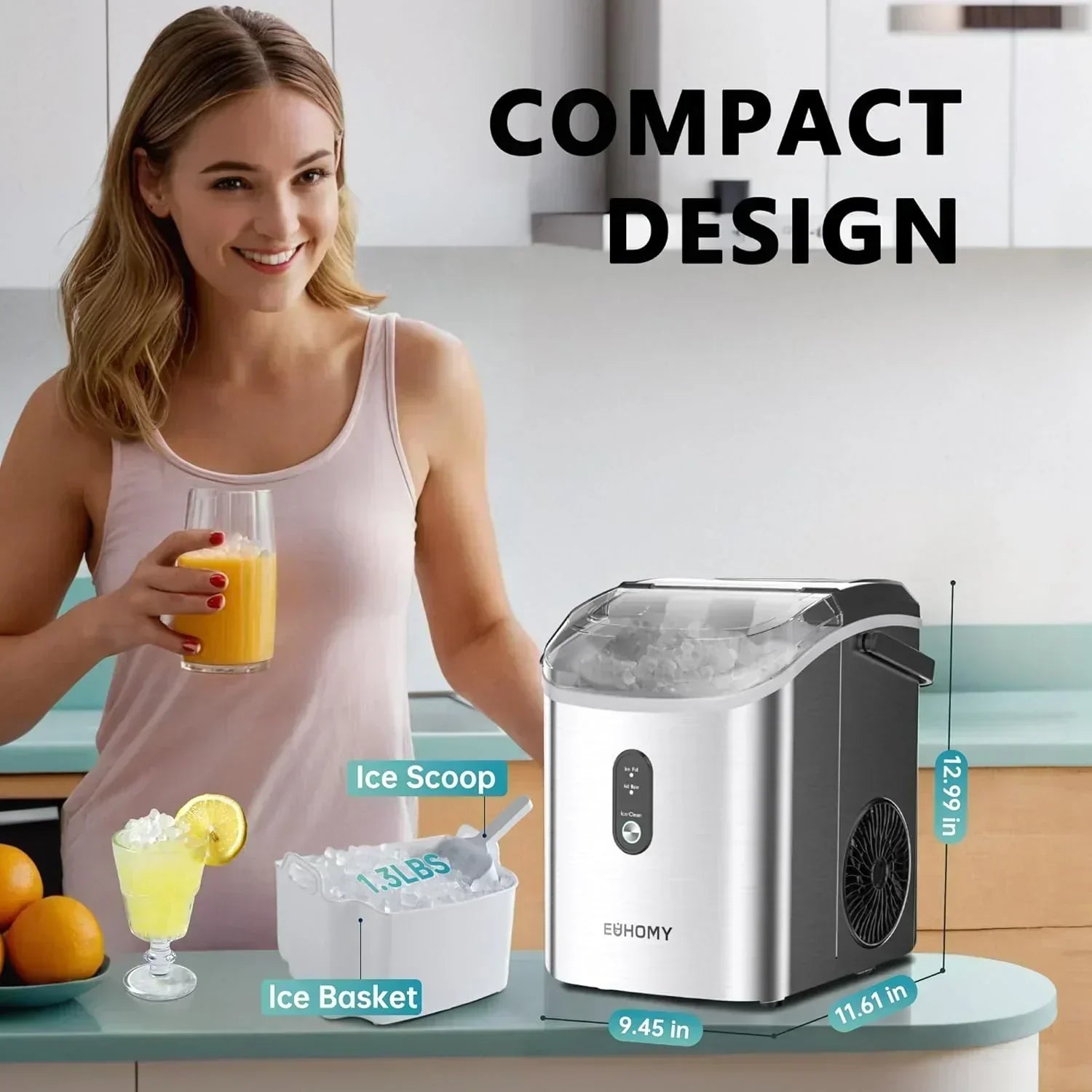 EUHOMY Nugget Ice Maker Countertop with Handle Ready 34lbs Per Day Removable Top Cover wourant